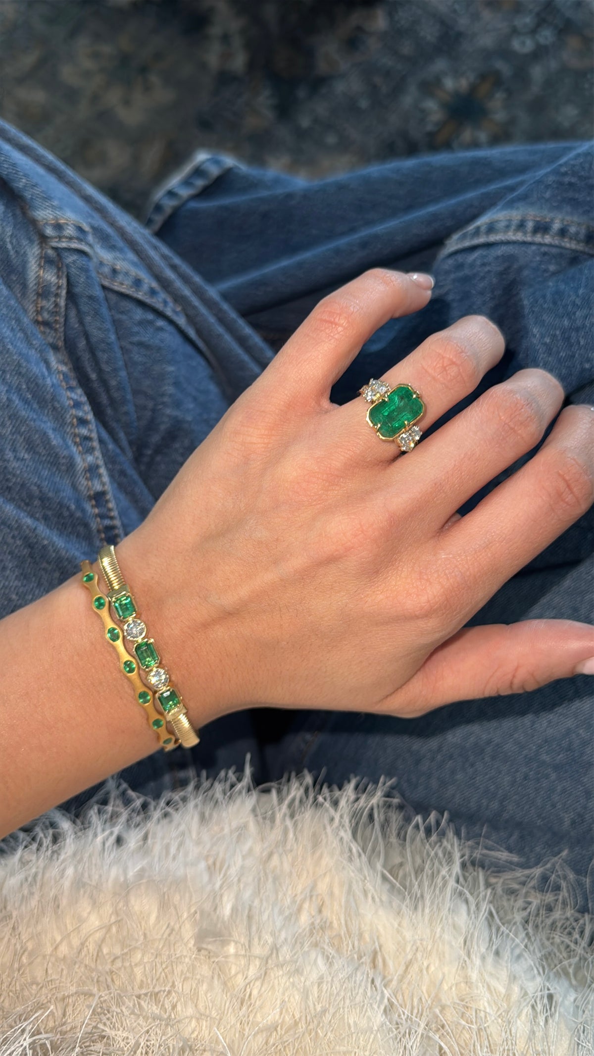 JR Colombian Emeralds 14K emerald cut emerald and round diamond alternating bangle bracelet, 2.30 tcw