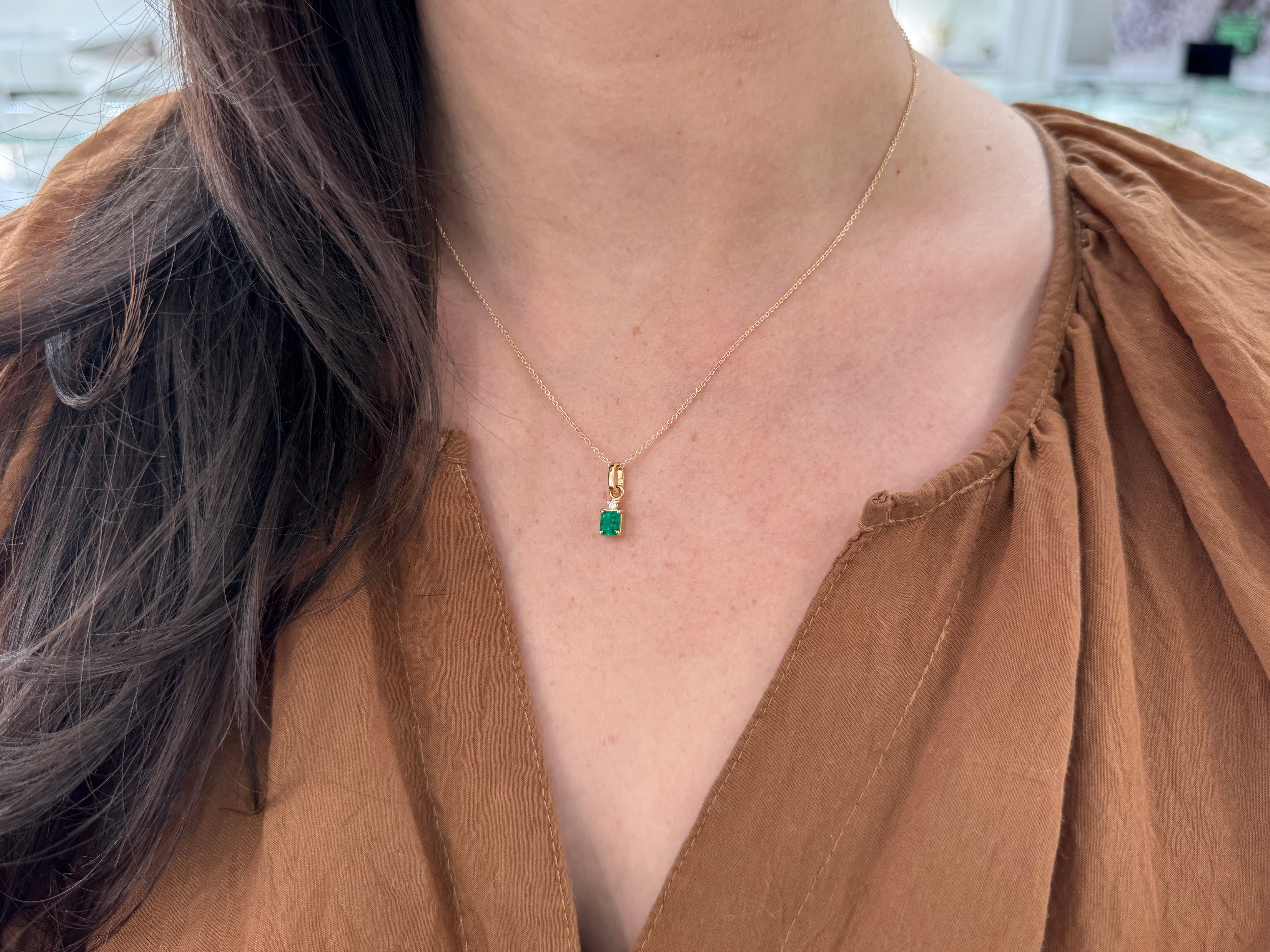 1.40tcw AAA+ Muzo Emerald Cut Colombian Emerald Solitaire Pendant with Diamond Accent 18K