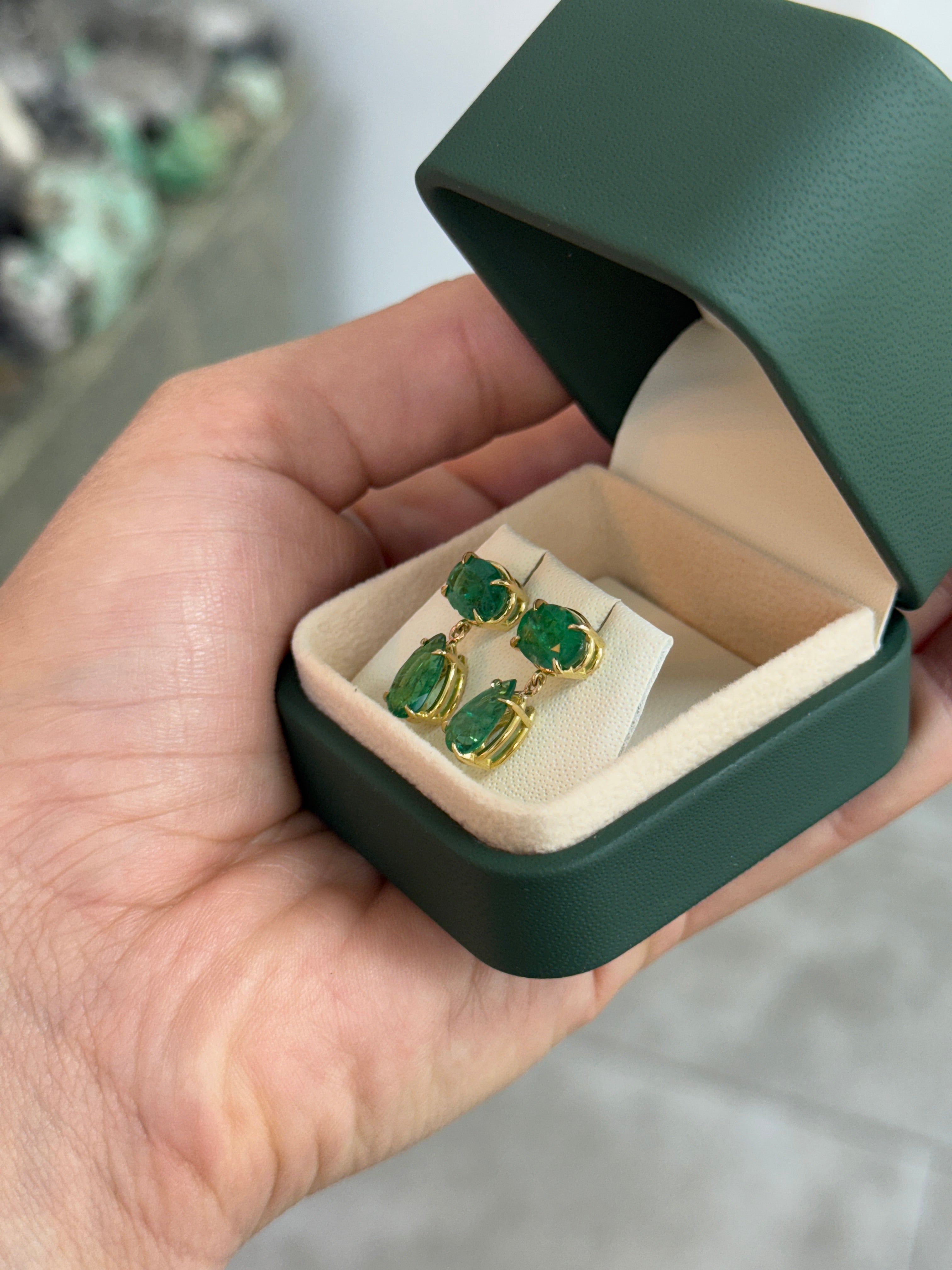 5.46tcw 18K Gold Zambian Emerald Drop Dangle Earrings With Oval & Teardrop Stones