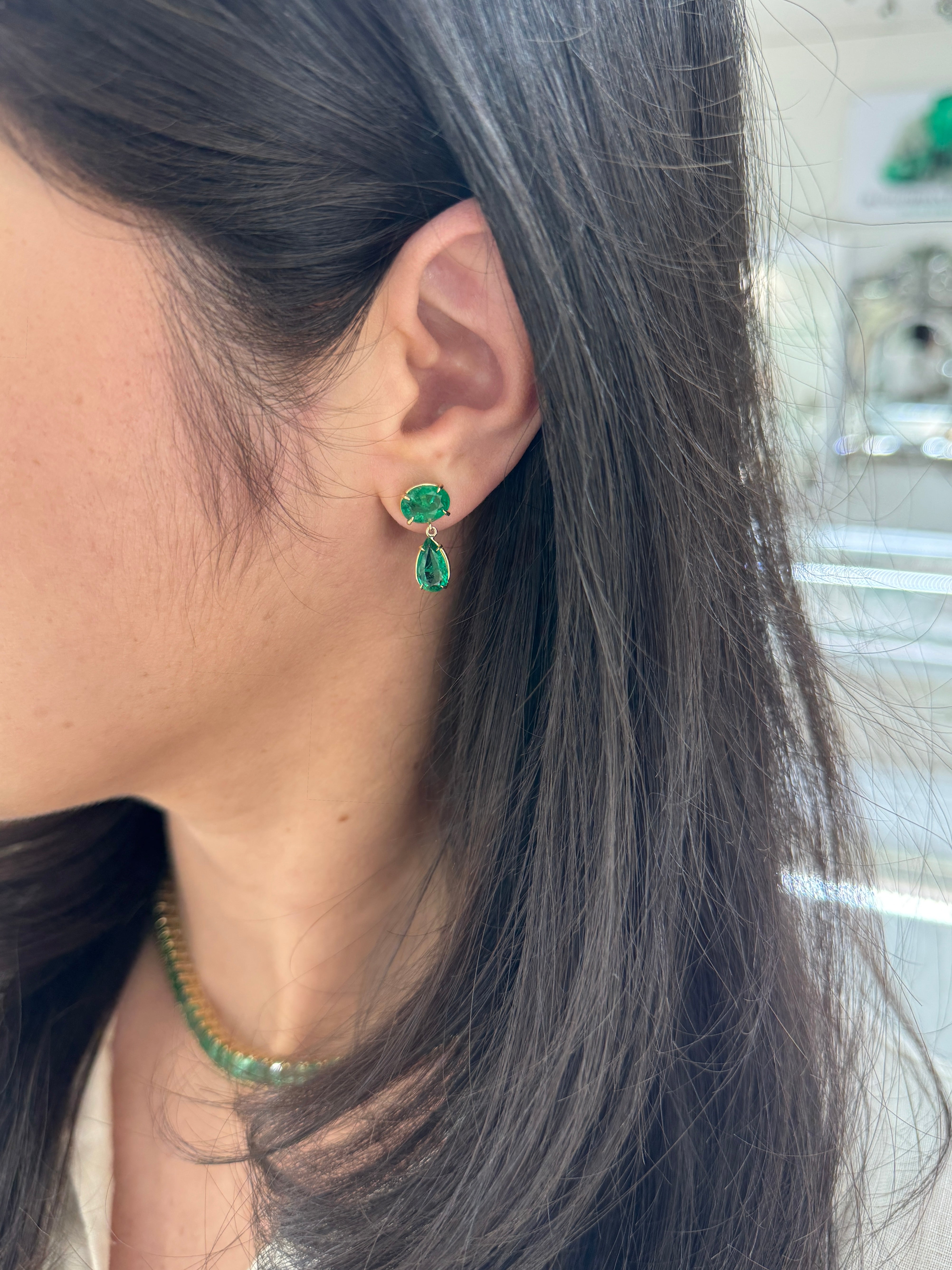 5.46tcw 18K Gold Zambian Emerald Drop Dangle Earrings With Oval & Teardrop Stones