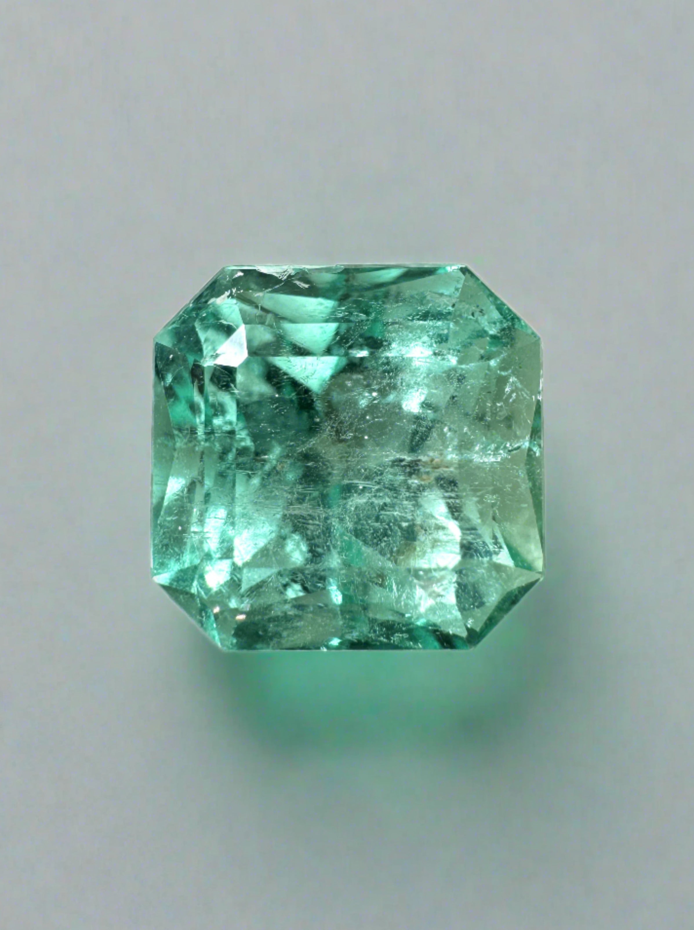 3.87 Carat 9x9 Glowy Light Green Loose Colombian Emerald-Asscher Cut with Clipped Corners - JR Colombian Emeralds