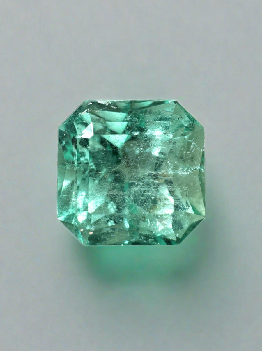 3.87 Carat 9x9 Glowy Light Green Loose Colombian Emerald-Asscher Cut with Clipped Corners