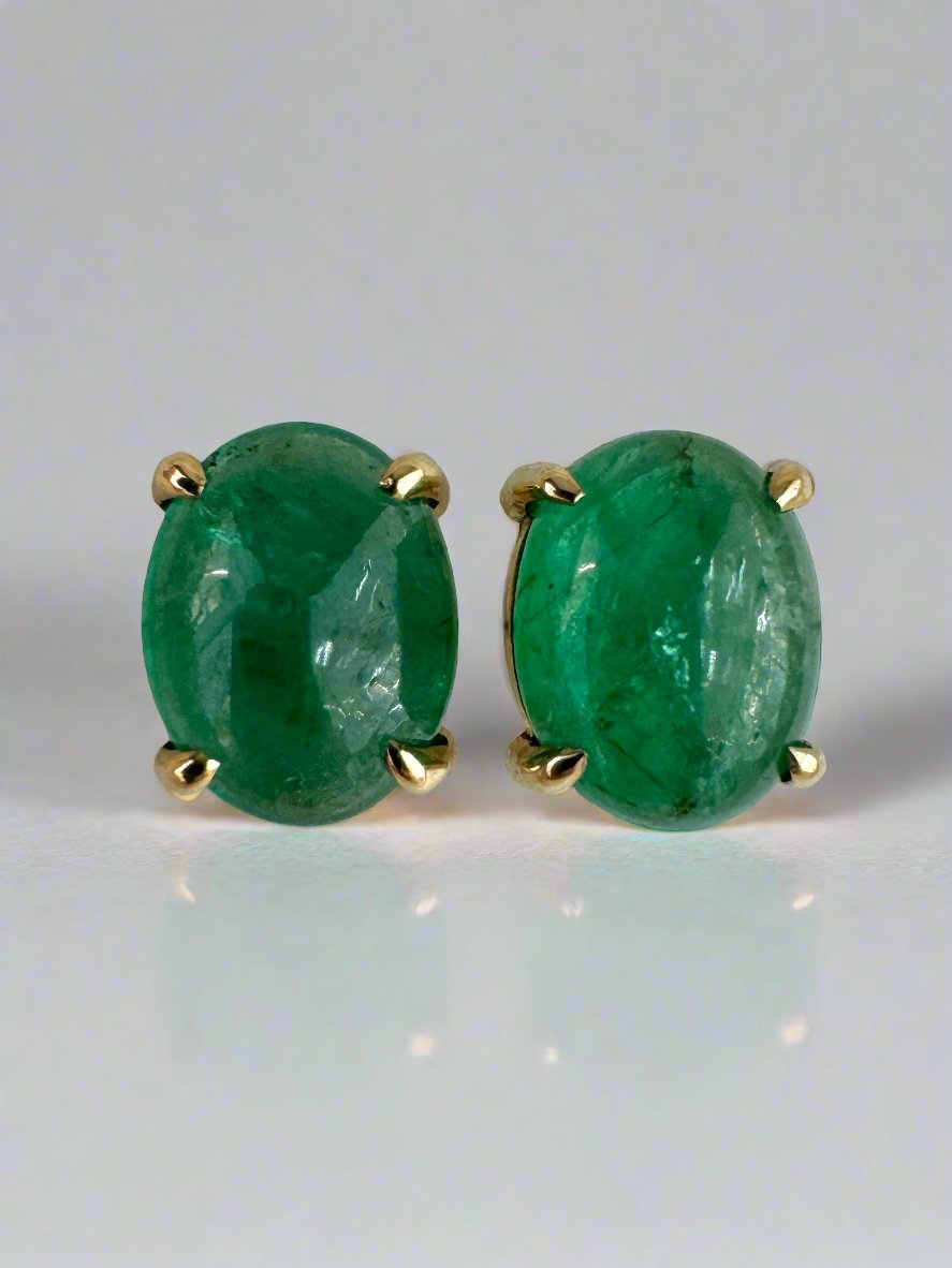 3.69tcw Solitaire Emerald Cabochon Studs 14K Yellow Gold