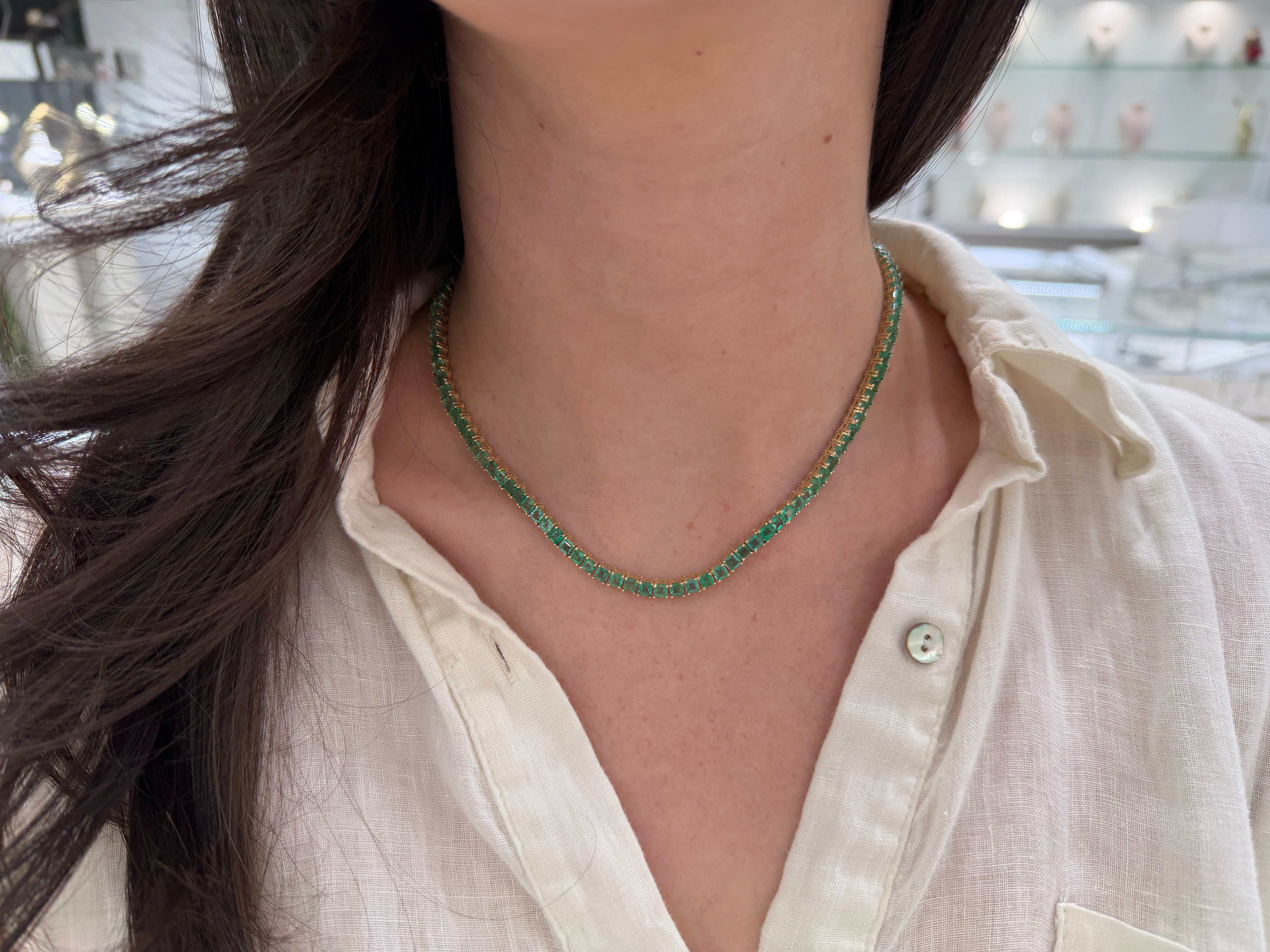 20tcw 14K Princess Cut Emerald Tennis Prong Necklace 17 Inches