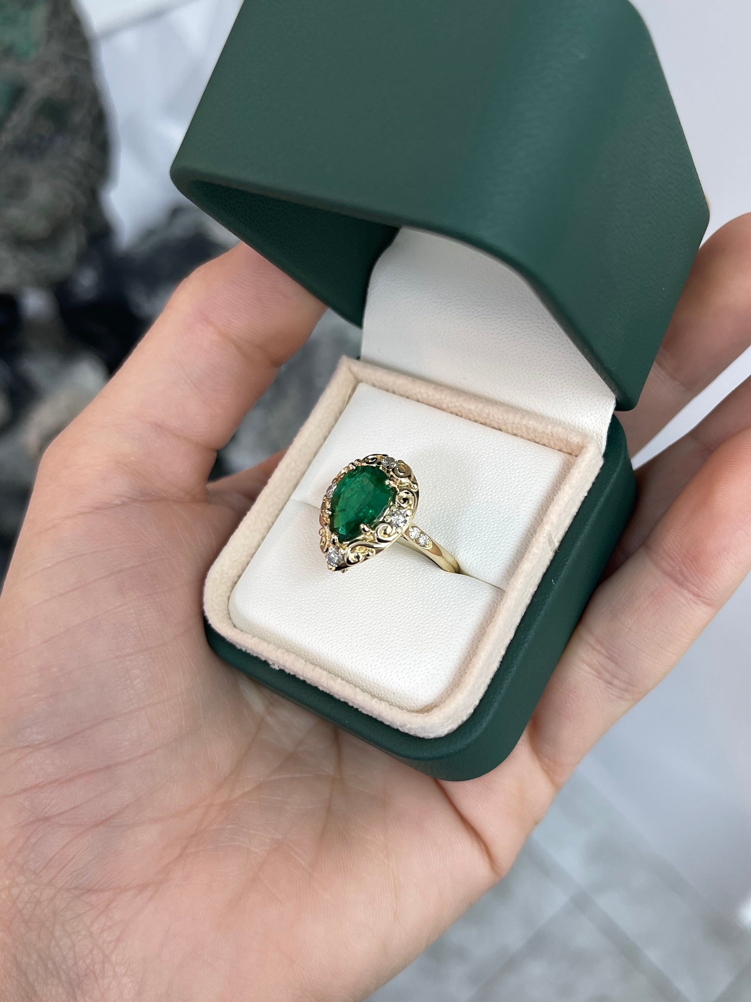 2.66tcw Teardrop Emerald & Diamond Spinkle Scroll Work Vintage Inspired Ring 14K - JR Colombian Emeralds