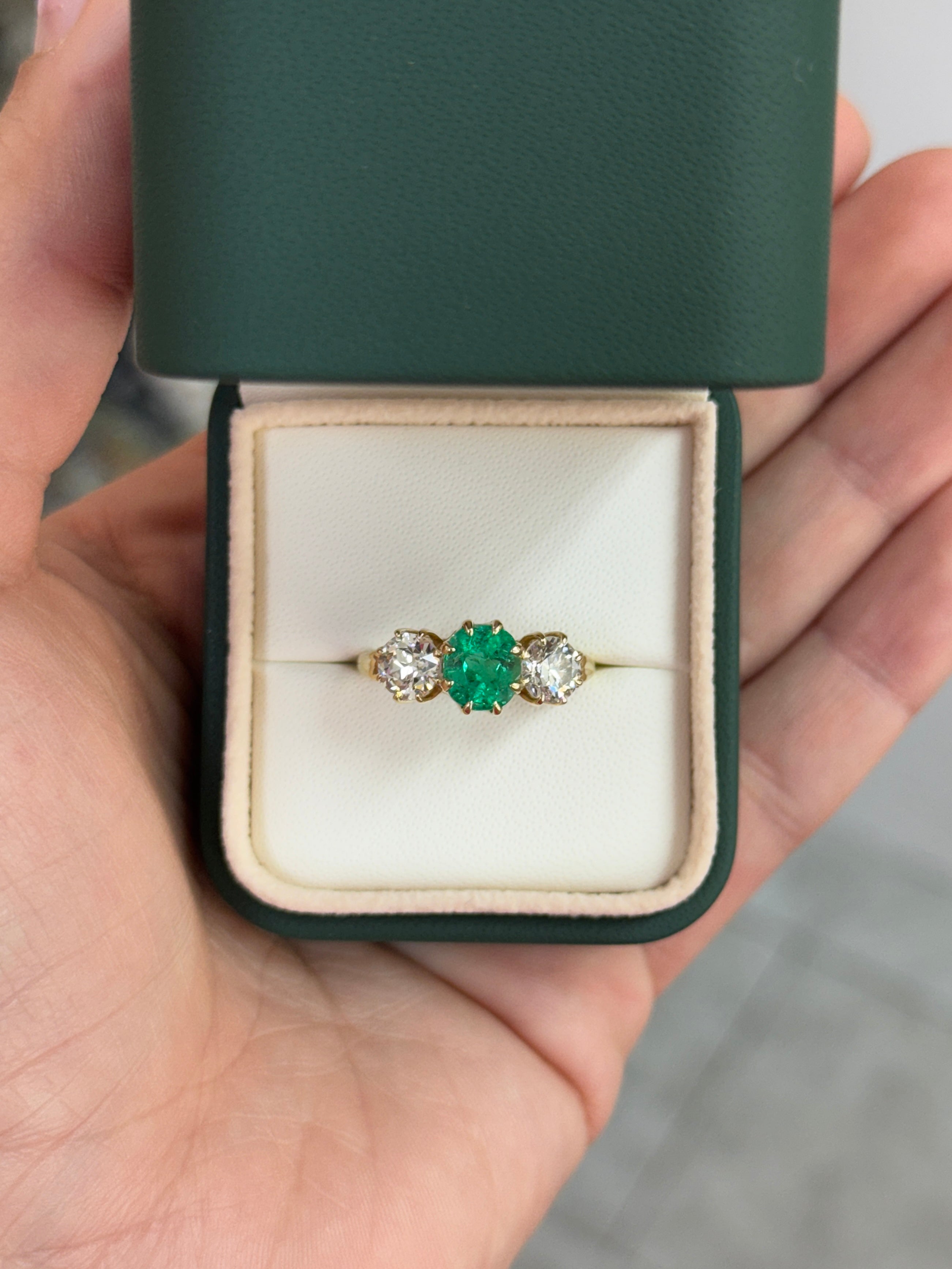 3.19tcw Colombian Cushion Cut Emerald Three Stone Ring With Old European Diamonds In 14K Yellow Gold