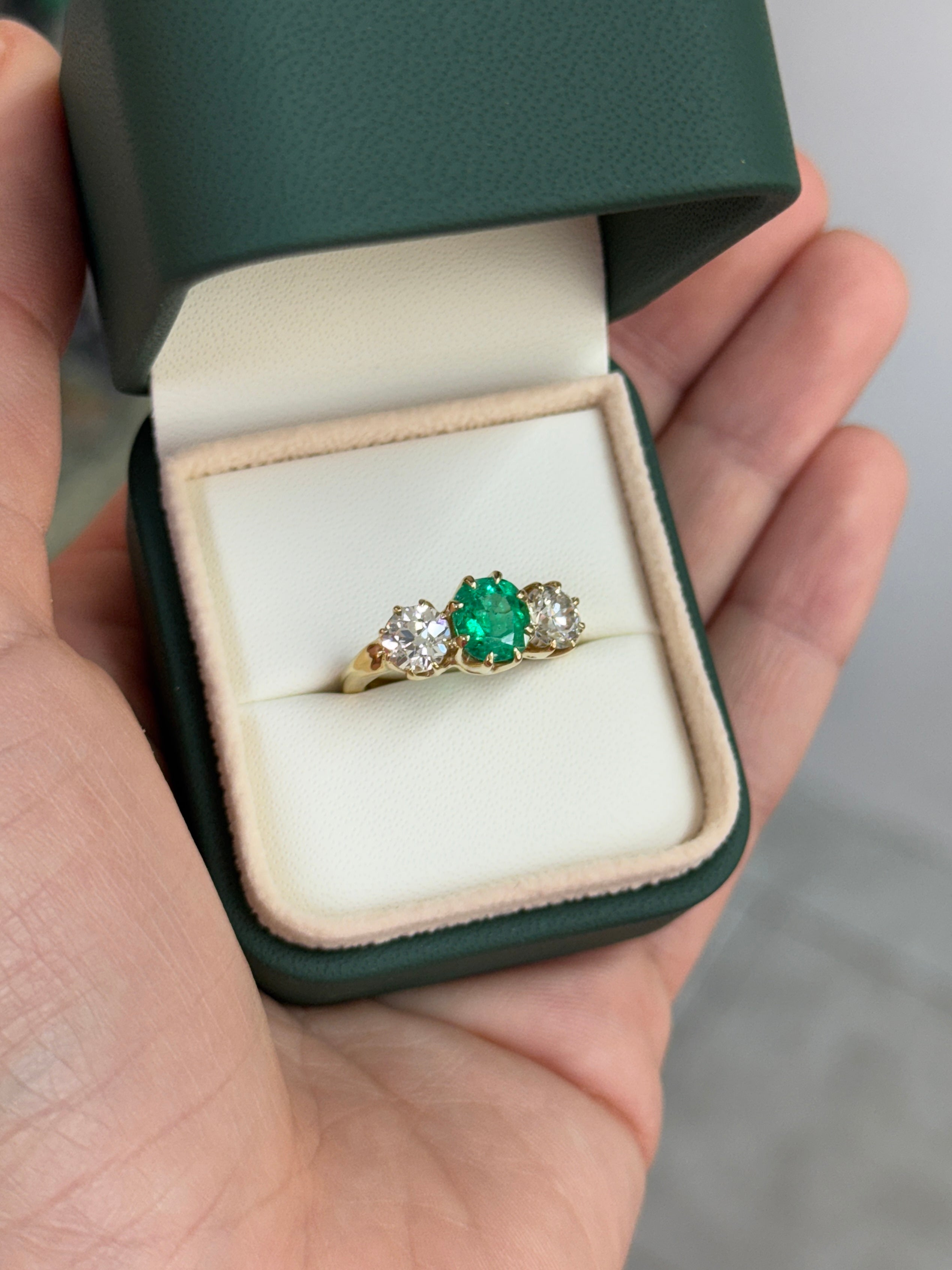 3.19tcw Colombian Cushion Cut Emerald Three Stone Ring With Old European Diamonds In 14K Yellow Gold