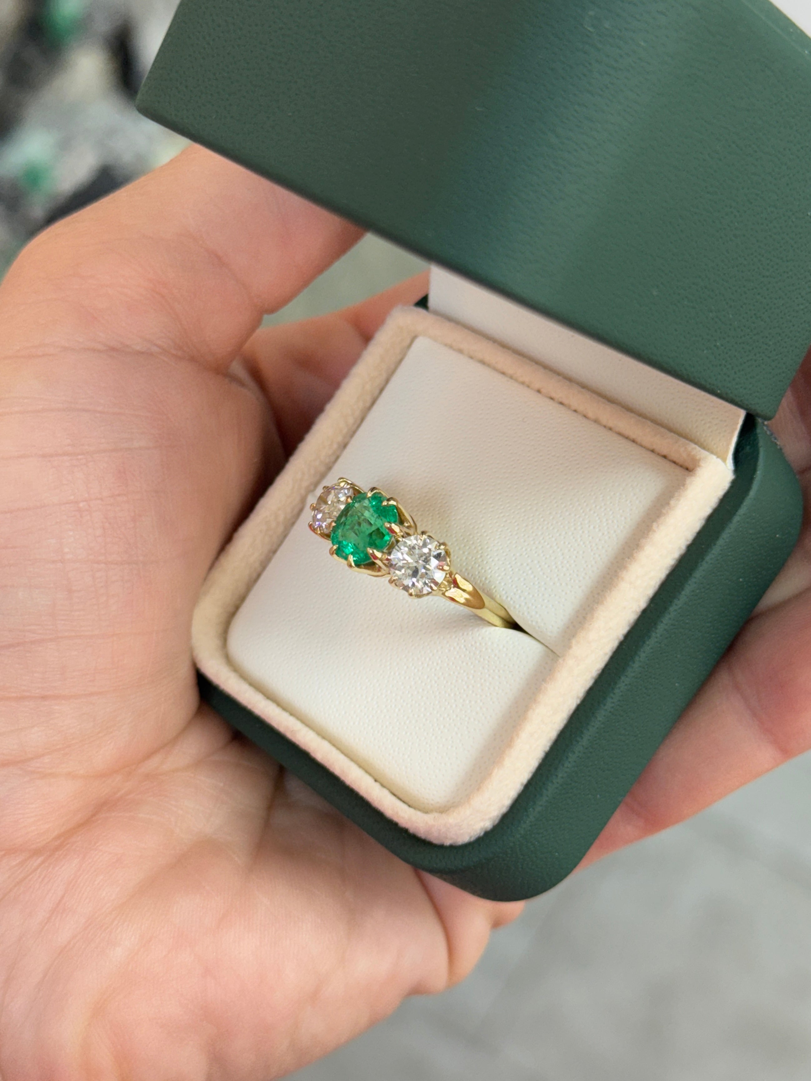 3.19tcw Colombian Cushion Cut Emerald Three Stone Ring With Old European Diamonds In 14K Yellow Gold