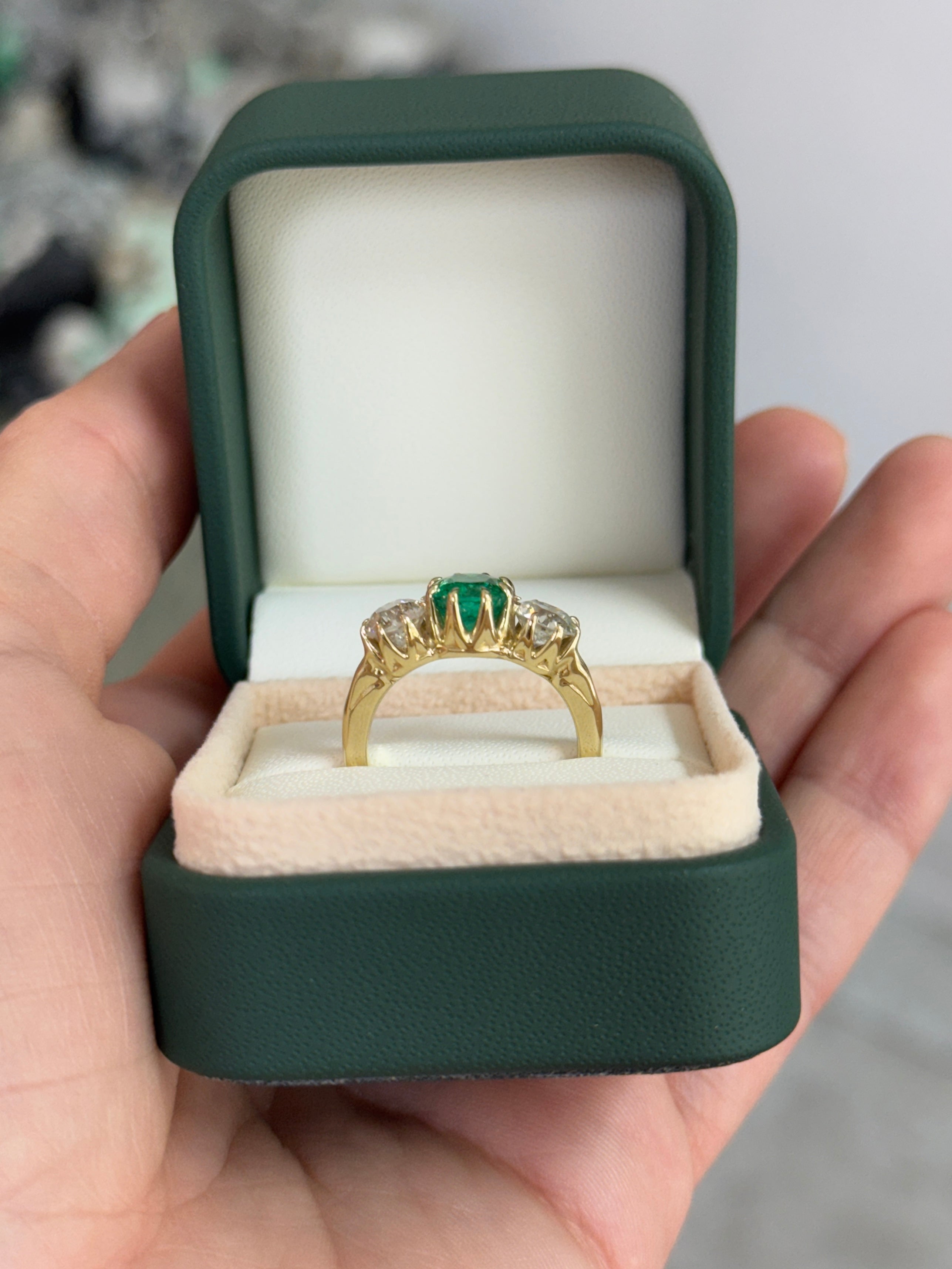 3.19tcw Colombian Cushion Cut Emerald Three Stone Ring With Old European Diamonds In 14K Yellow Gold