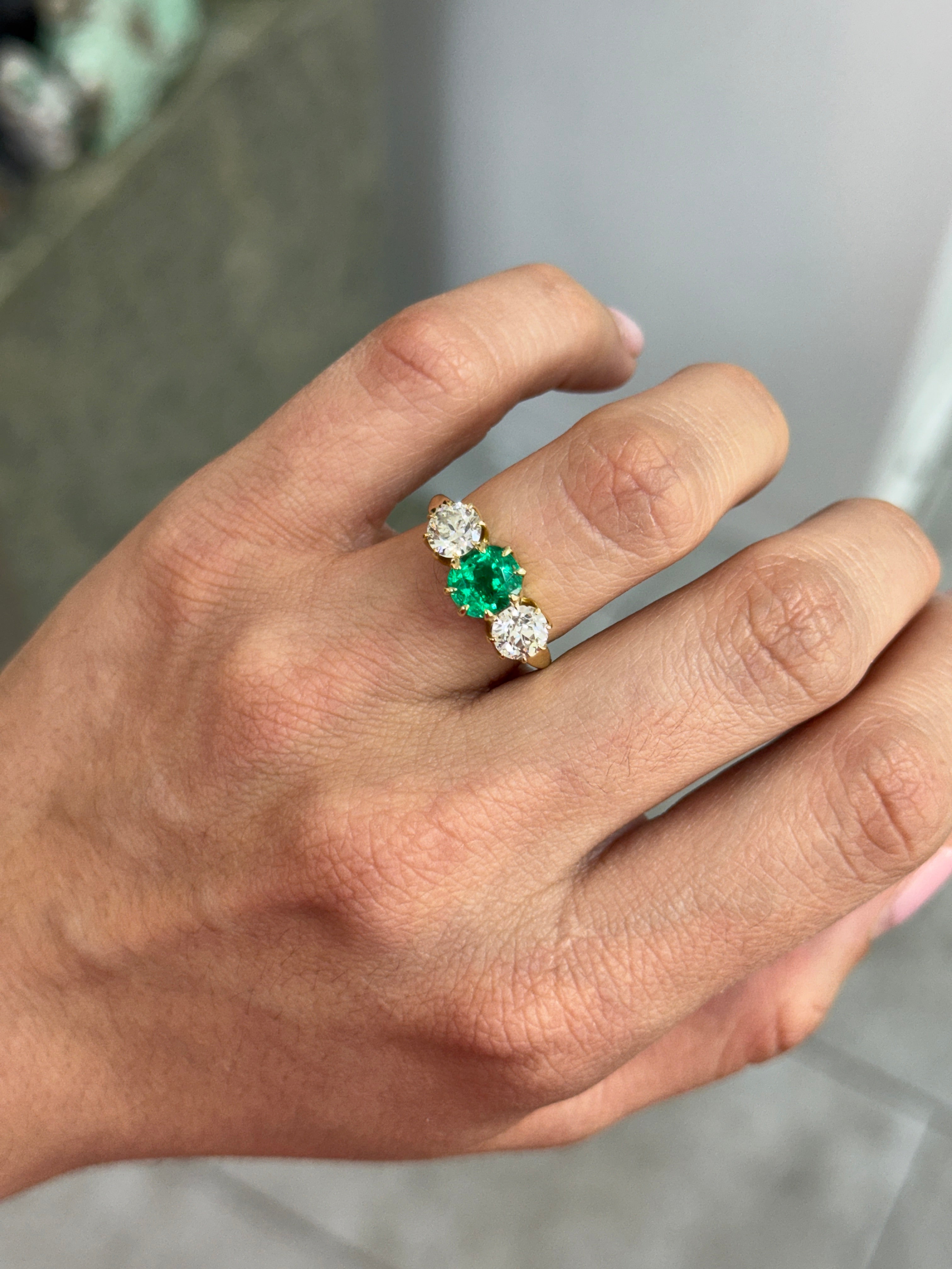 3.19tcw Colombian Cushion Cut Emerald Three Stone Ring With Old European Diamonds In 14K Yellow Gold
