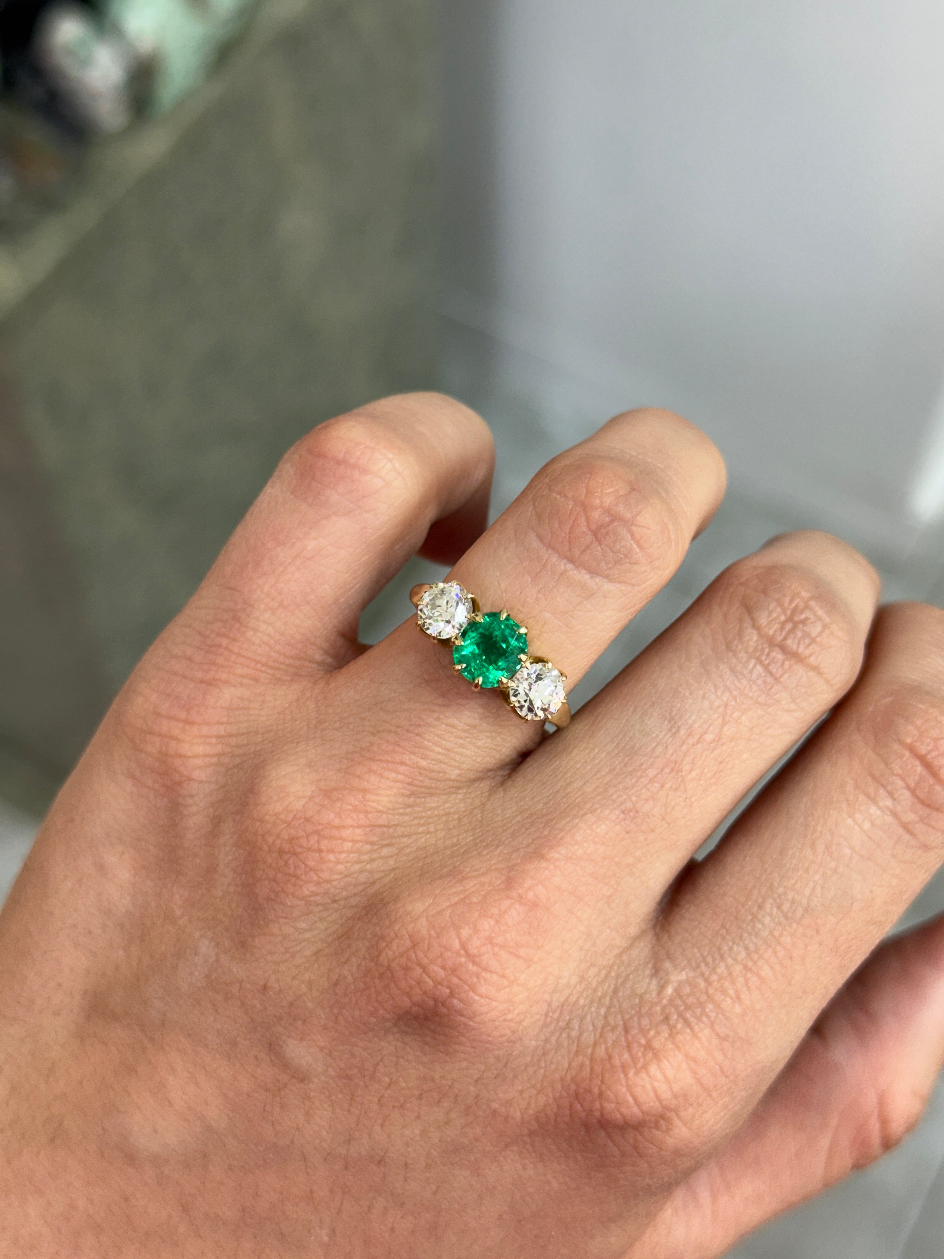 3.19tcw Colombian Cushion Cut Emerald Three Stone Ring With Old European Diamonds In 14K Yellow Gold