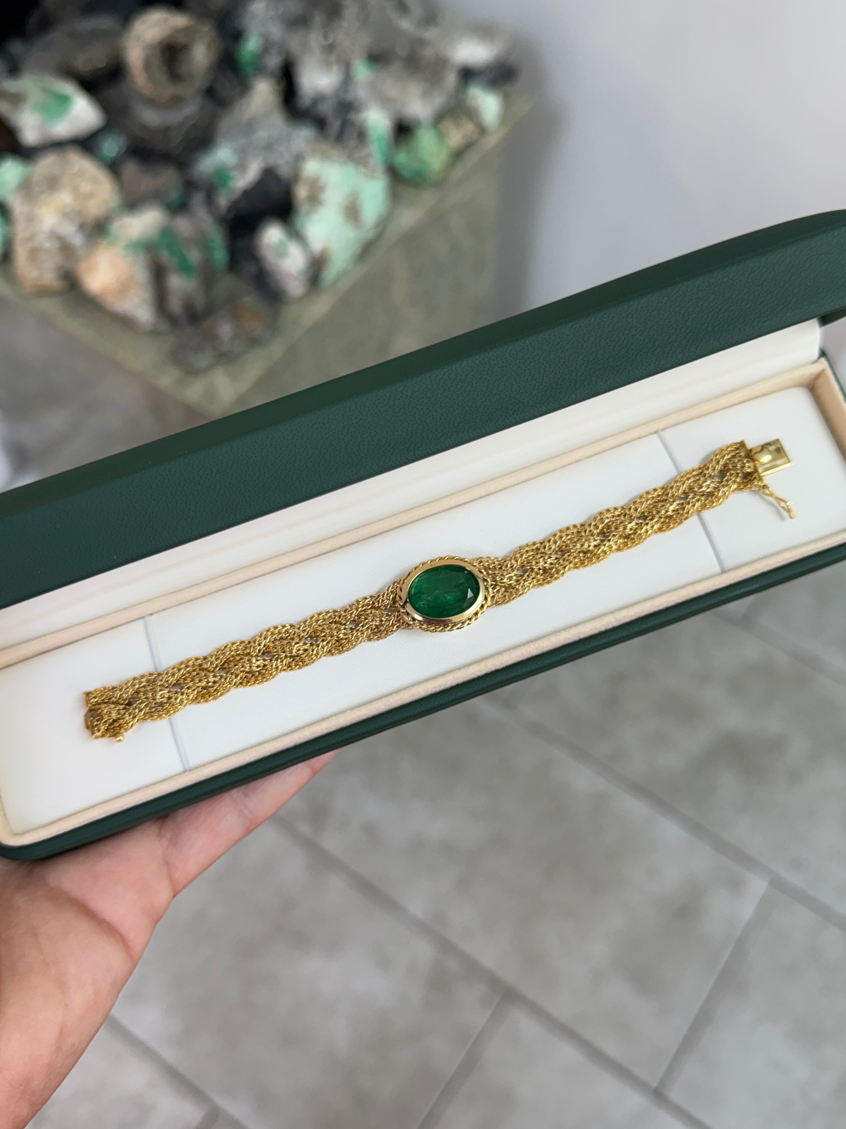 10.70 Carat Colombian Oval Emerald East West Bezel Bracelet In 14K Gold Vintage Revival Design
