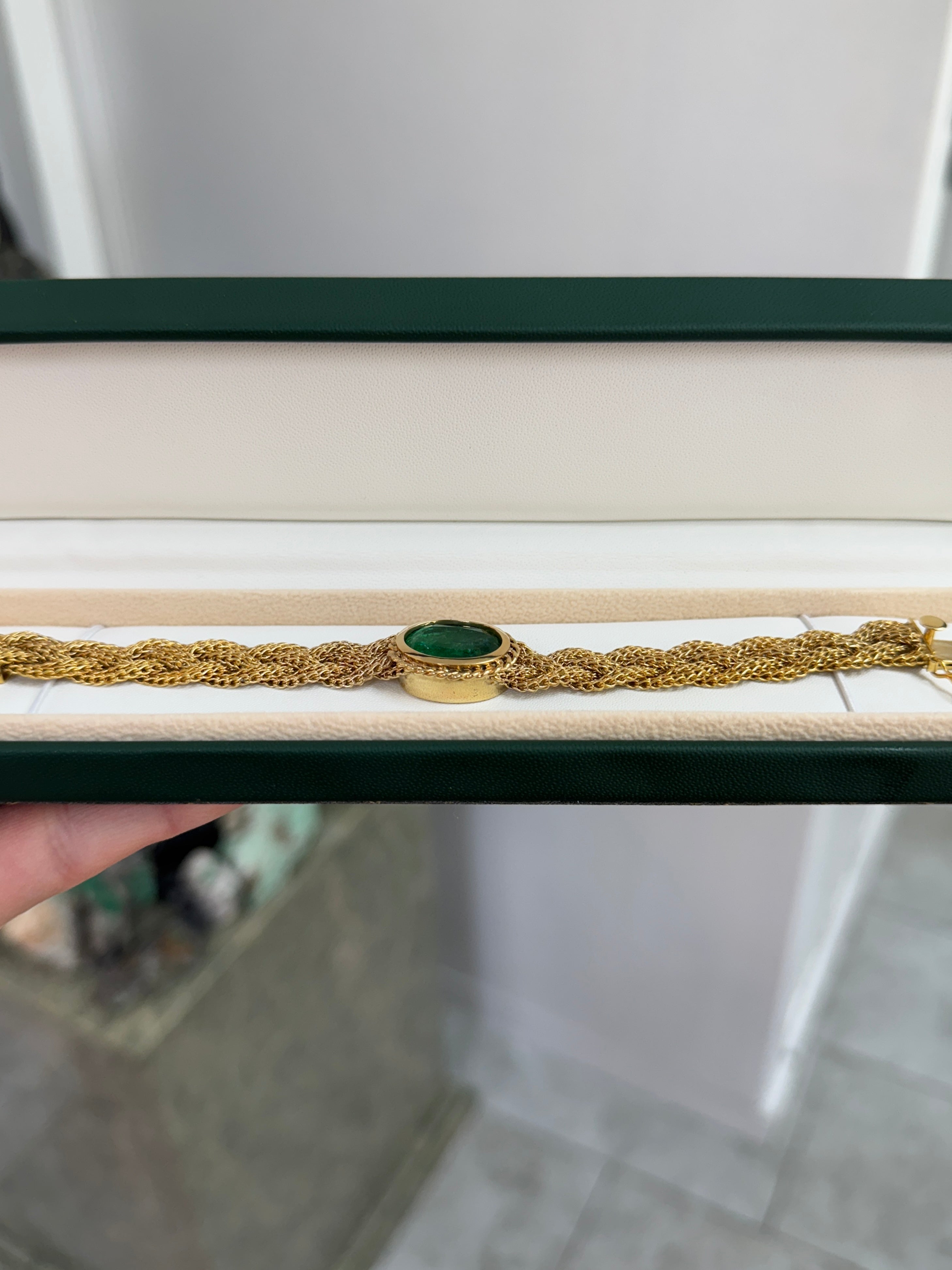 10.70 Carat Colombian Oval Emerald East West Bezel Bracelet In 14K Gold Vintage Revival Design