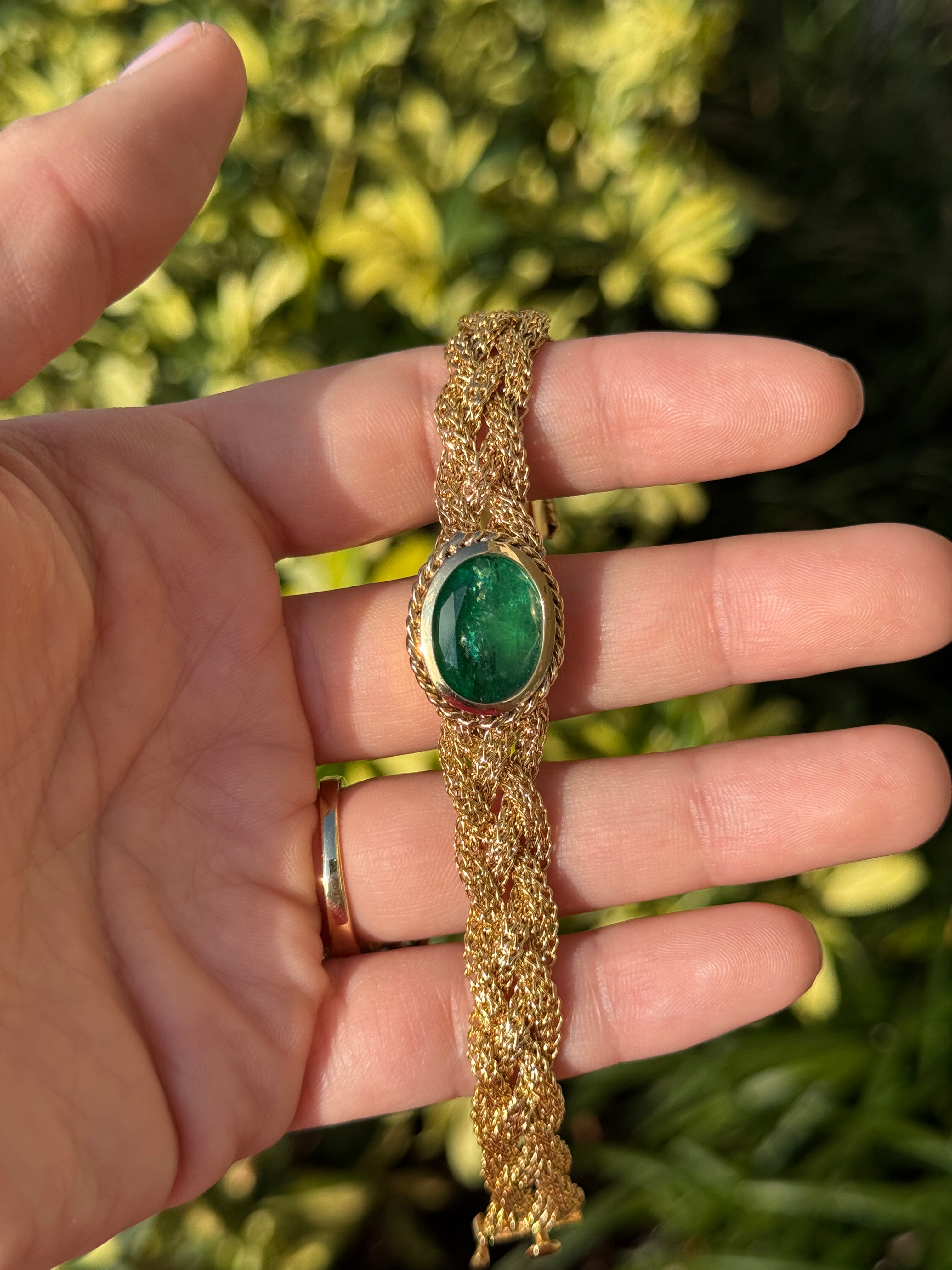 10.70 Carat Colombian Oval Emerald East West Bezel Bracelet In 14K Gold Vintage Revival Design