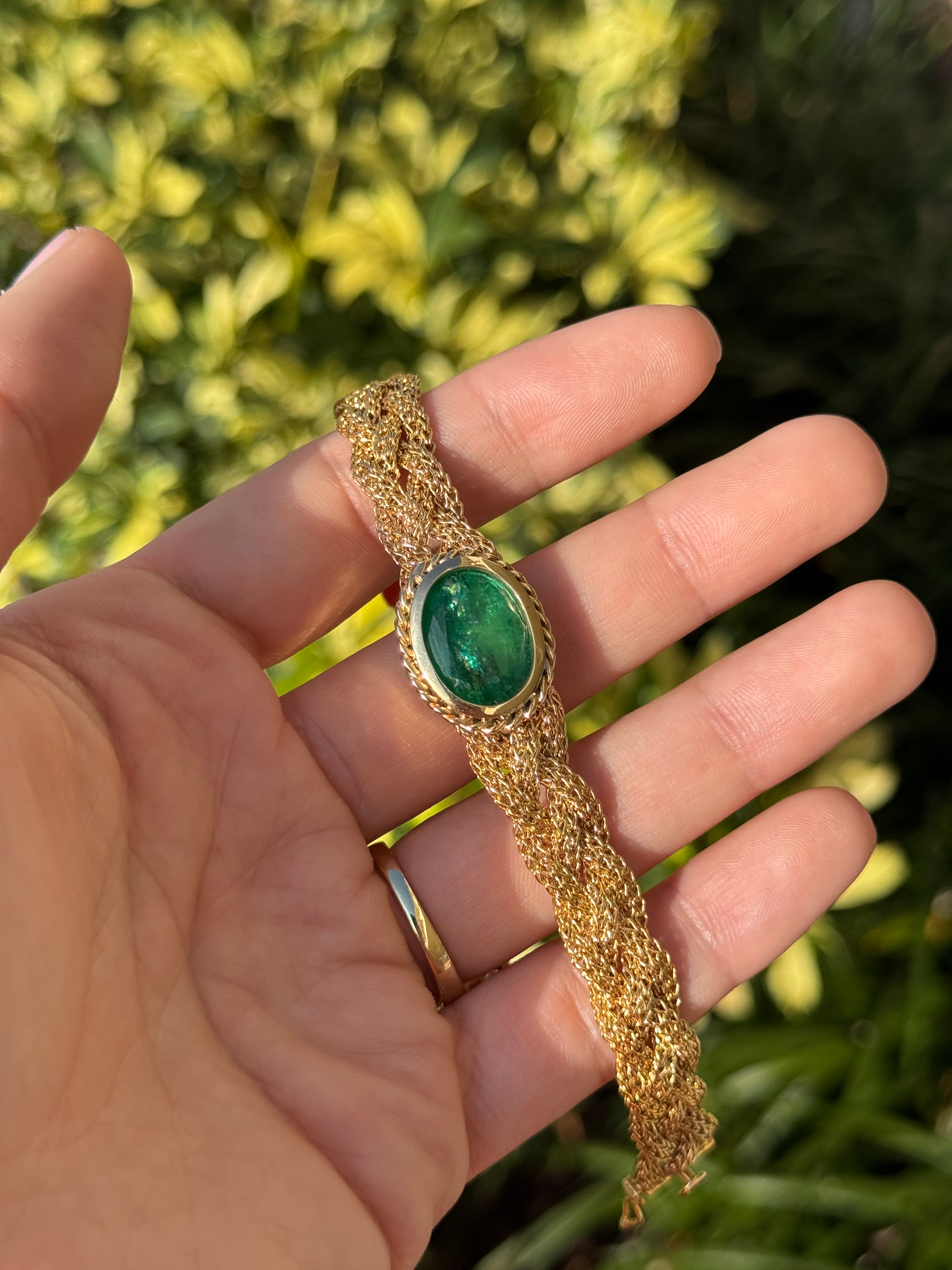 10.70 Carat Colombian Oval Emerald East West Bezel Bracelet In 14K Gold Vintage Revival Design