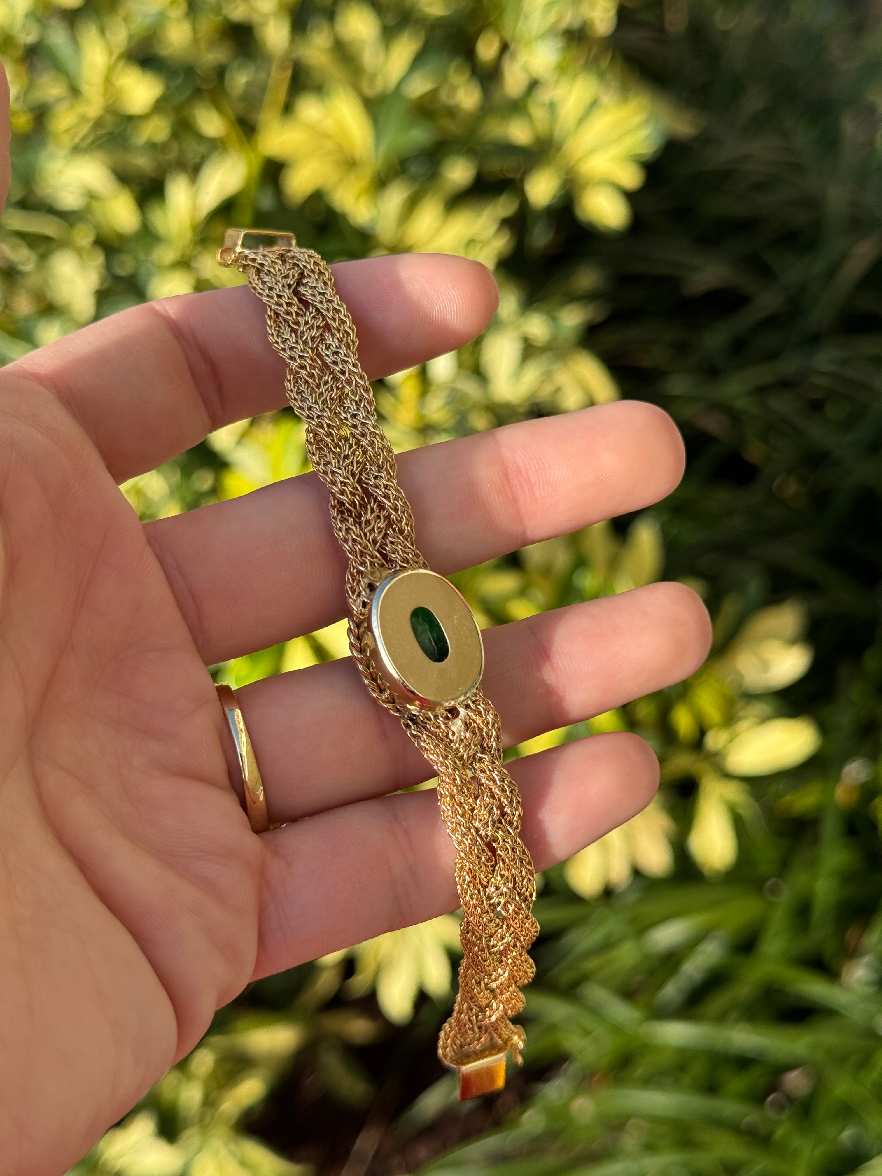 10.70 Carat Colombian Oval Emerald East West Bezel Bracelet In 14K Gold Vintage Revival Design