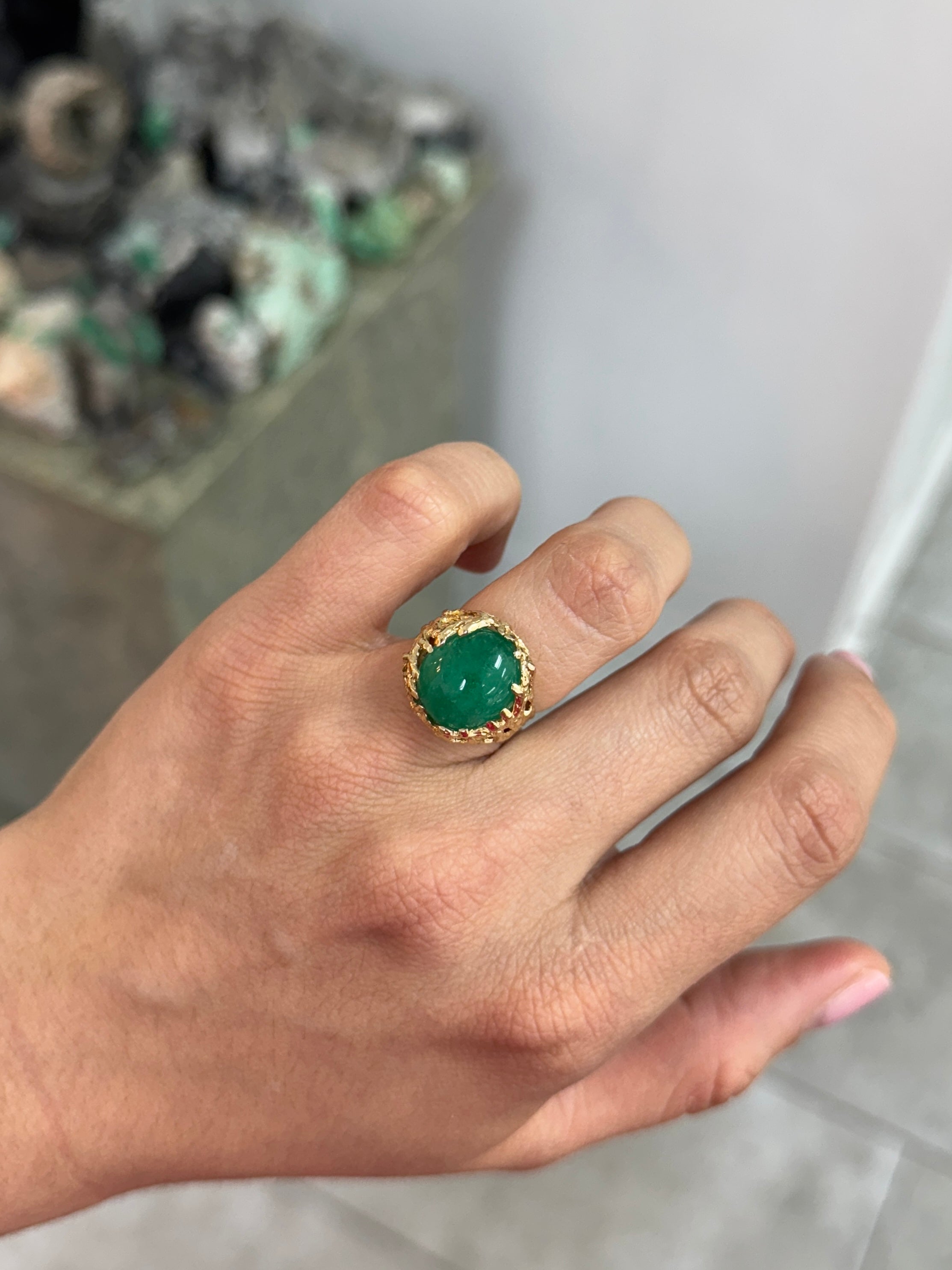 9.28 Carat Cabochon Emerald Gold Nugget 14K Ring