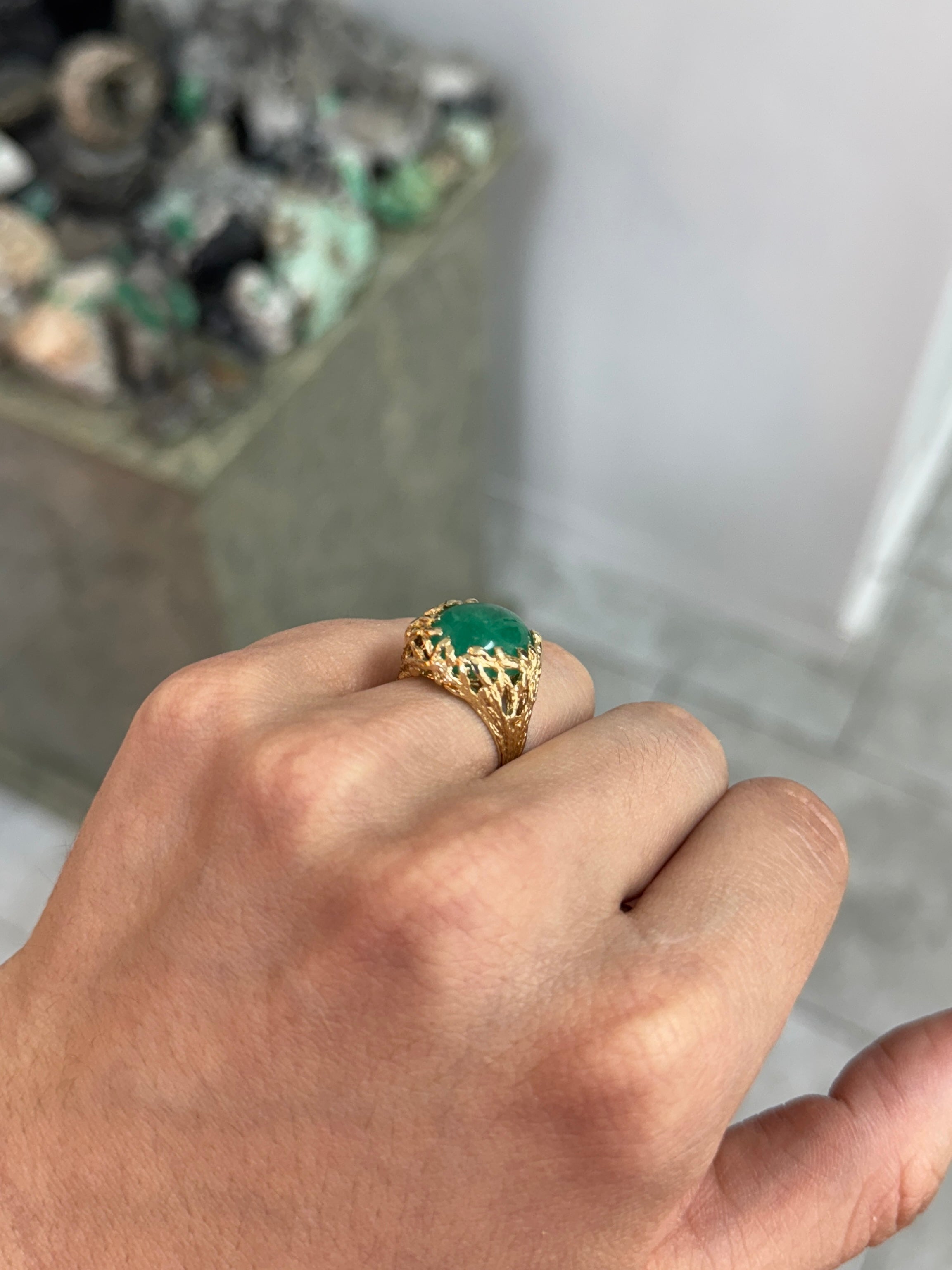 9.28 Carat Cabochon Emerald Gold Nugget 14K Ring