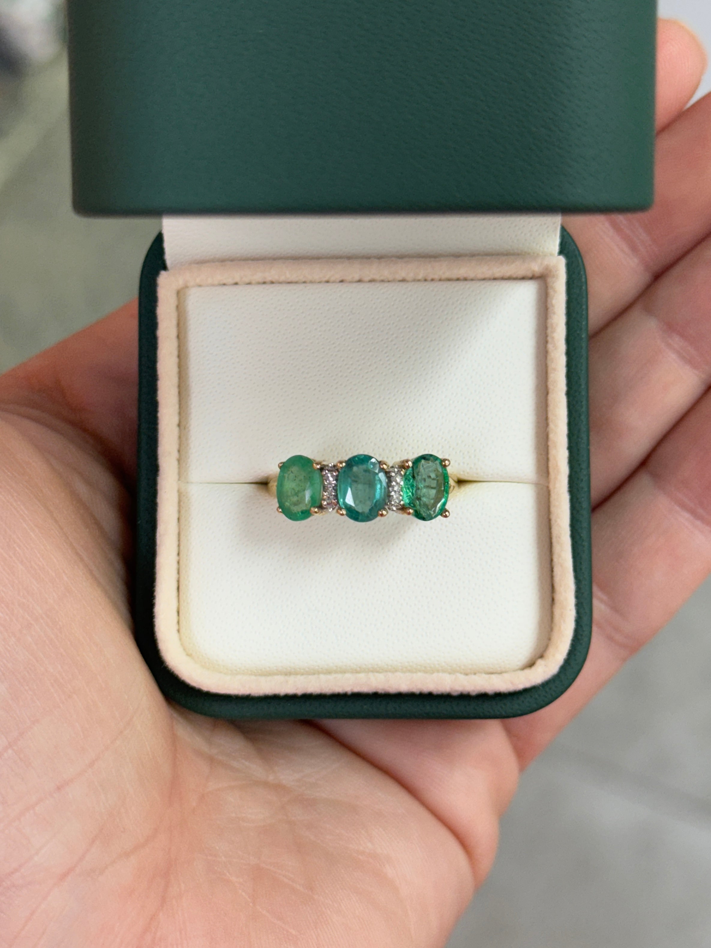 2.94tcw Vintage Three Stone Emerald Ring With Diamond Accents In 14K Yellow Gold