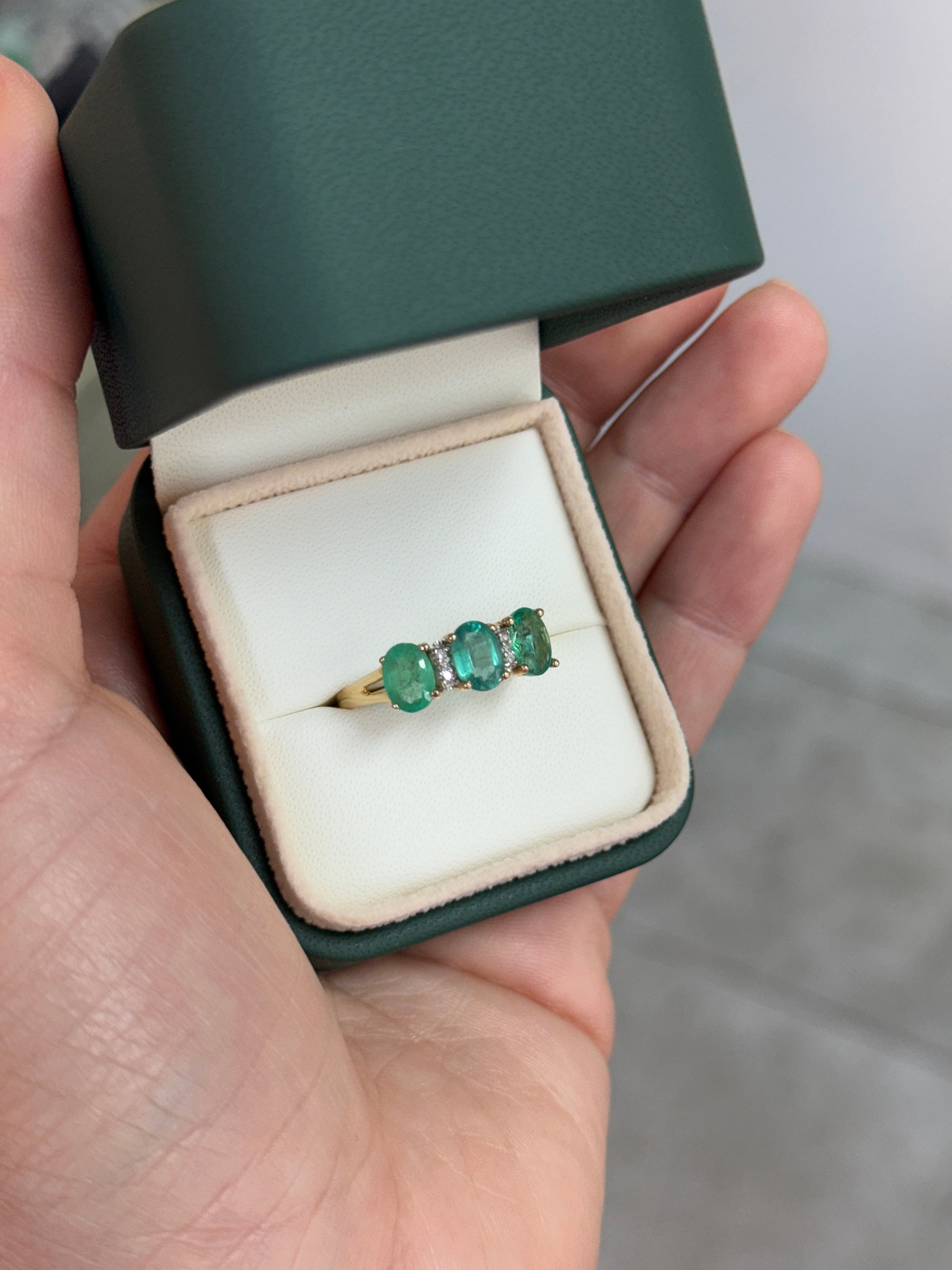 2.94tcw Vintage Three Stone Emerald Ring With Diamond Accents In 14K Yellow Gold