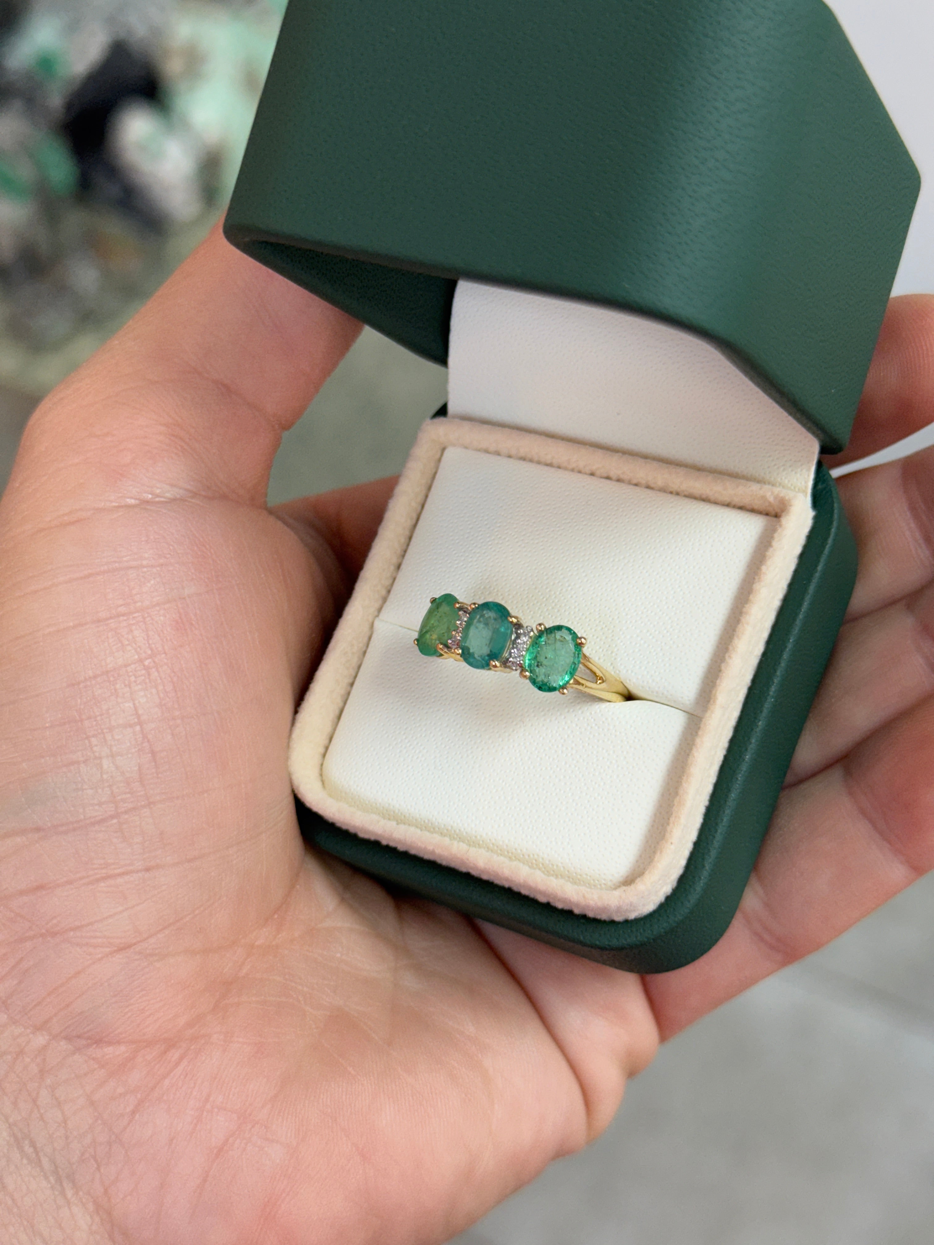 2.94tcw Vintage Three Stone Emerald Ring With Diamond Accents In 14K Yellow Gold