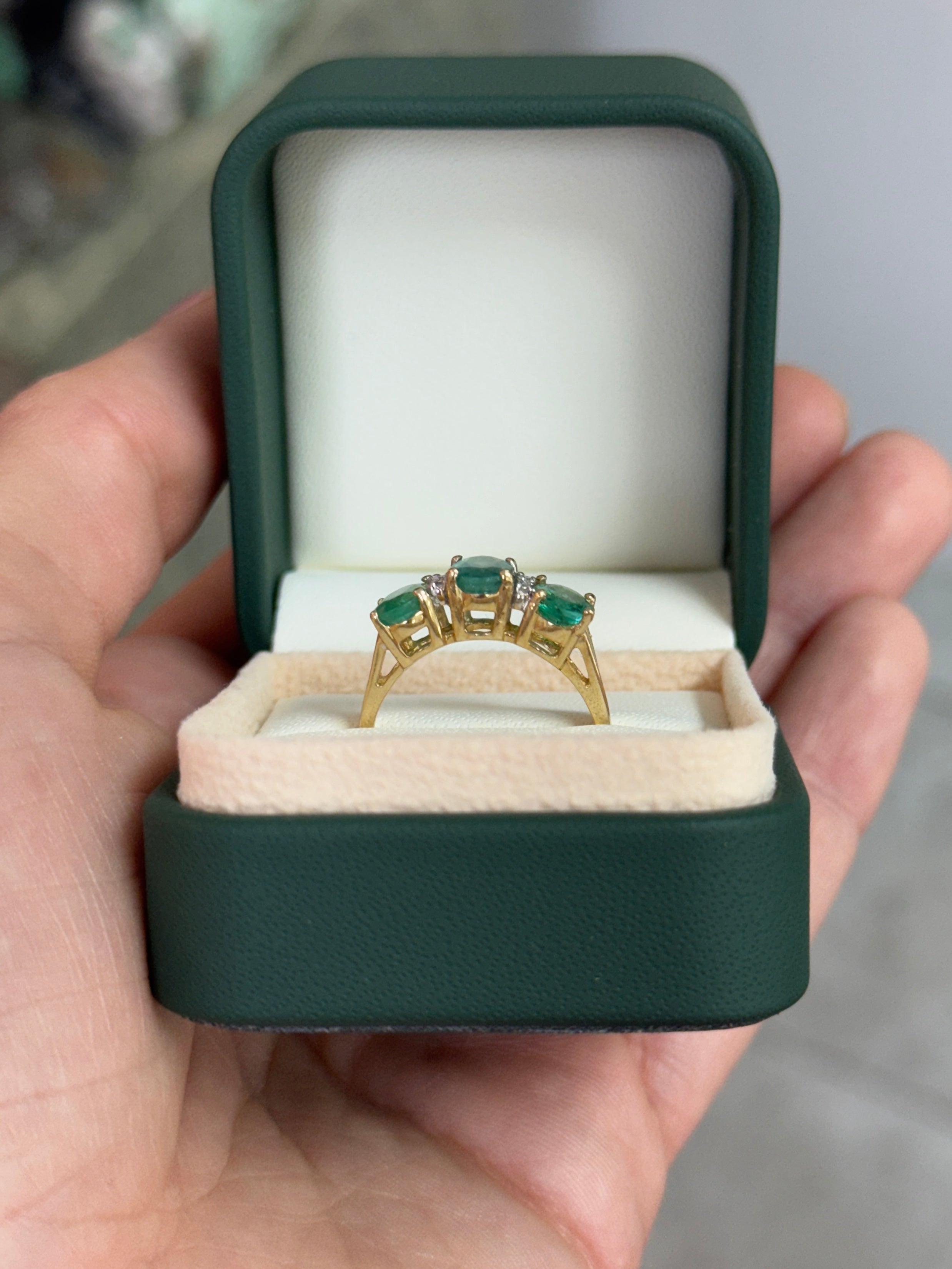 2.94tcw Vintage Three Stone Emerald Ring With Diamond Accents In 14K Yellow Gold