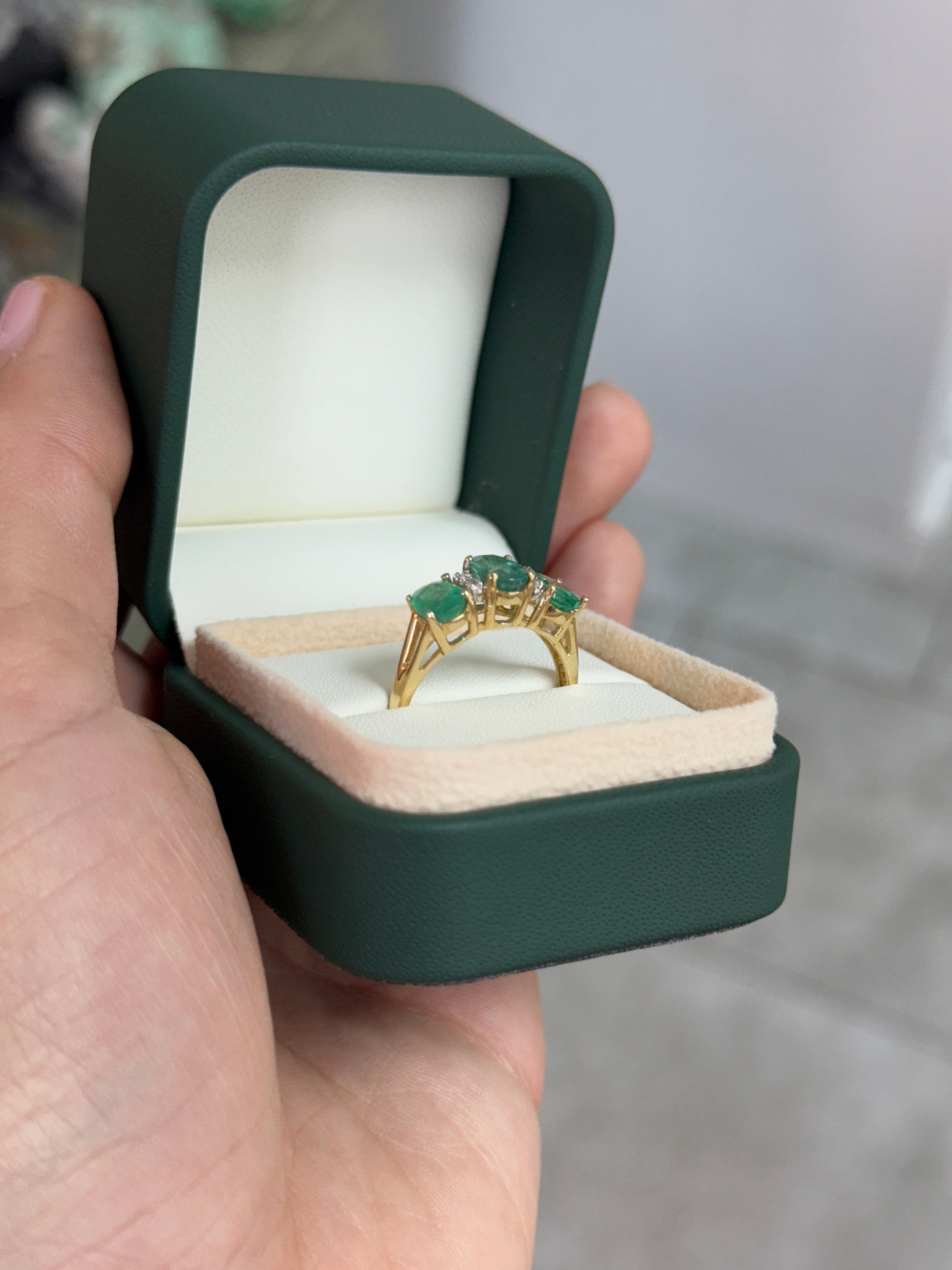 2.94tcw Vintage Three Stone Emerald Ring With Diamond Accents In 14K Yellow Gold