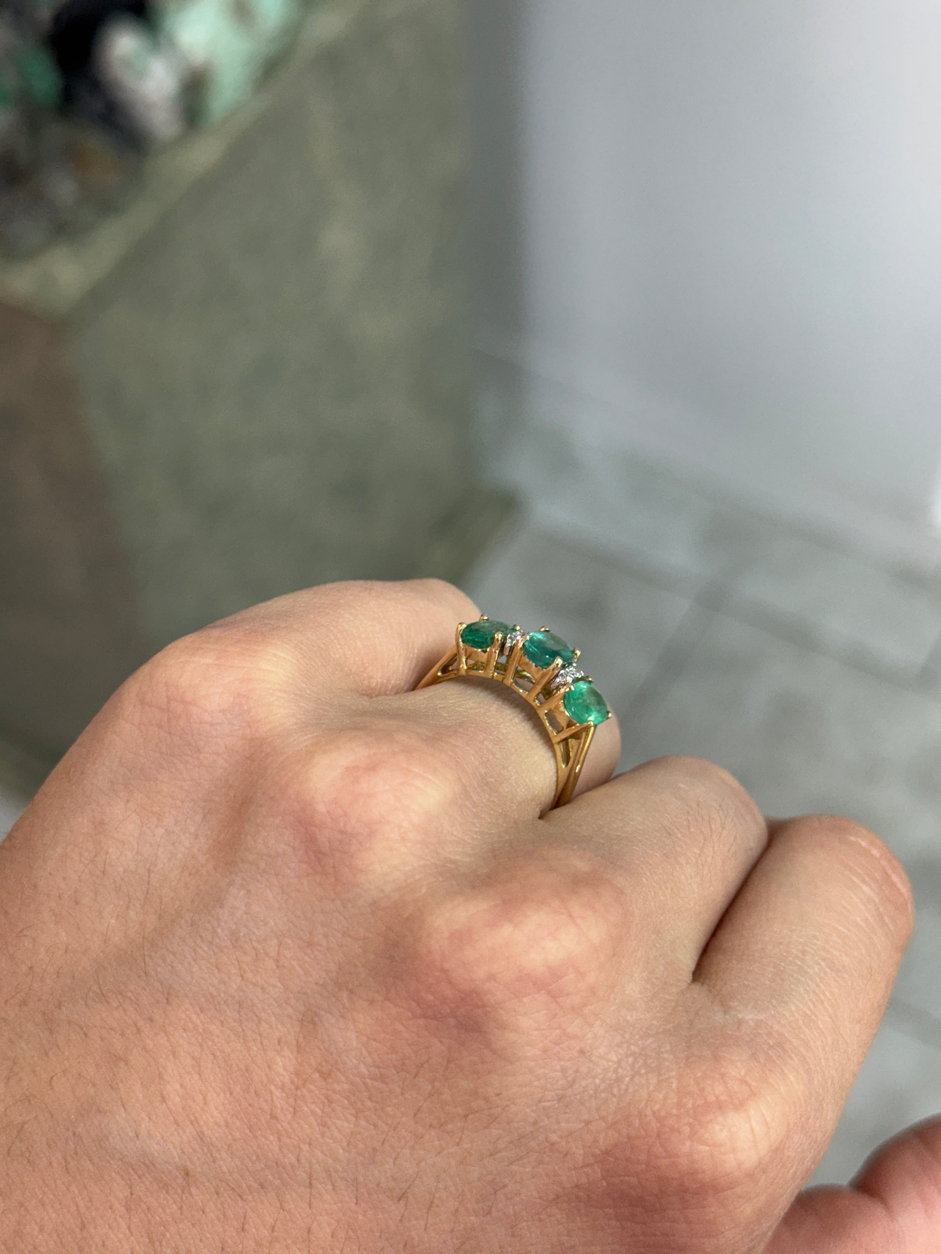 2.94tcw Vintage Three Stone Emerald Ring With Diamond Accents In 14K Yellow Gold