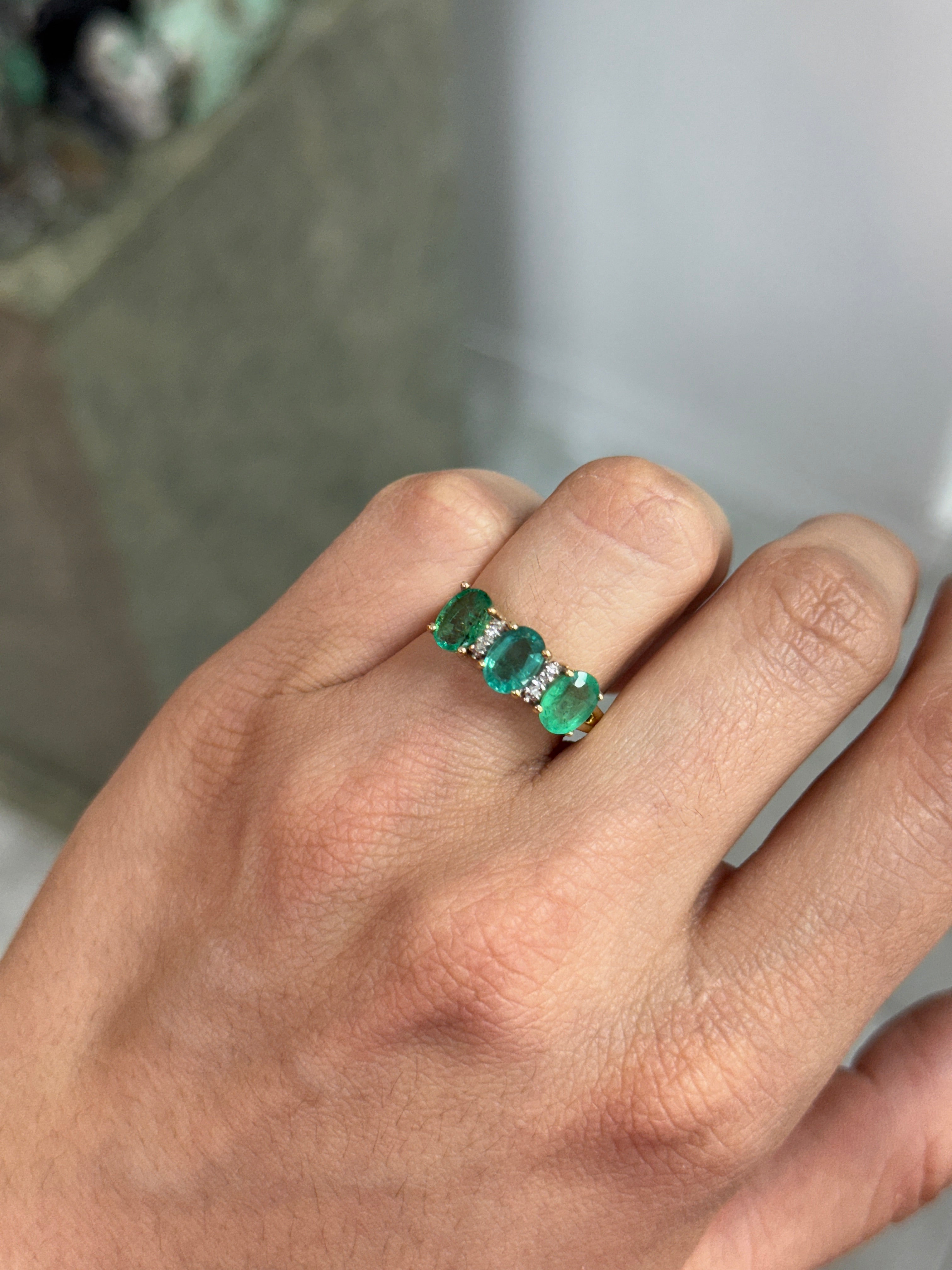 2.94tcw Vintage Three Stone Emerald Ring With Diamond Accents In 14K Yellow Gold