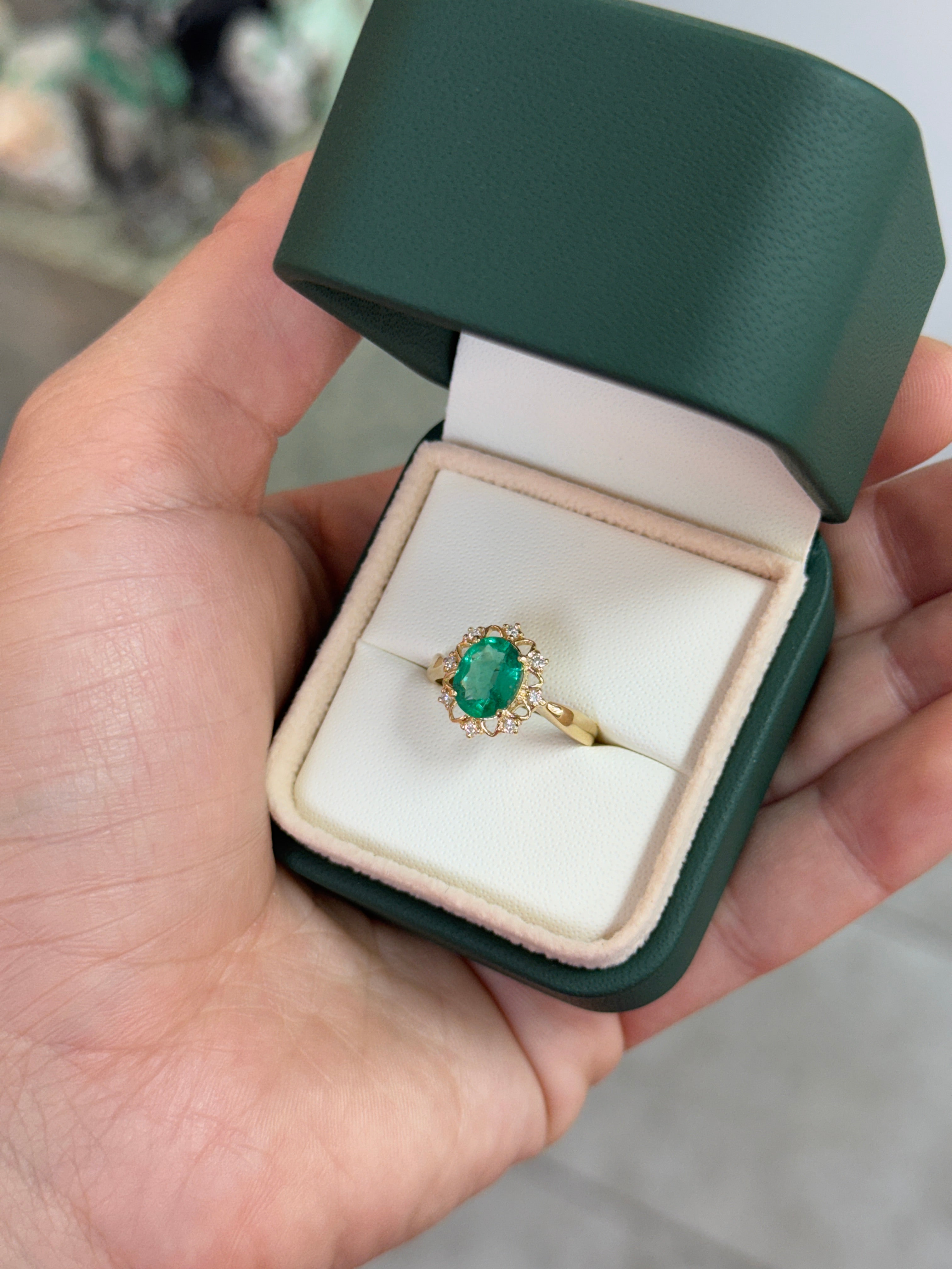 2.29tcw Emerald & Diamond Floral Halo Ring In 14K Yellow Gold Oval Cut Center