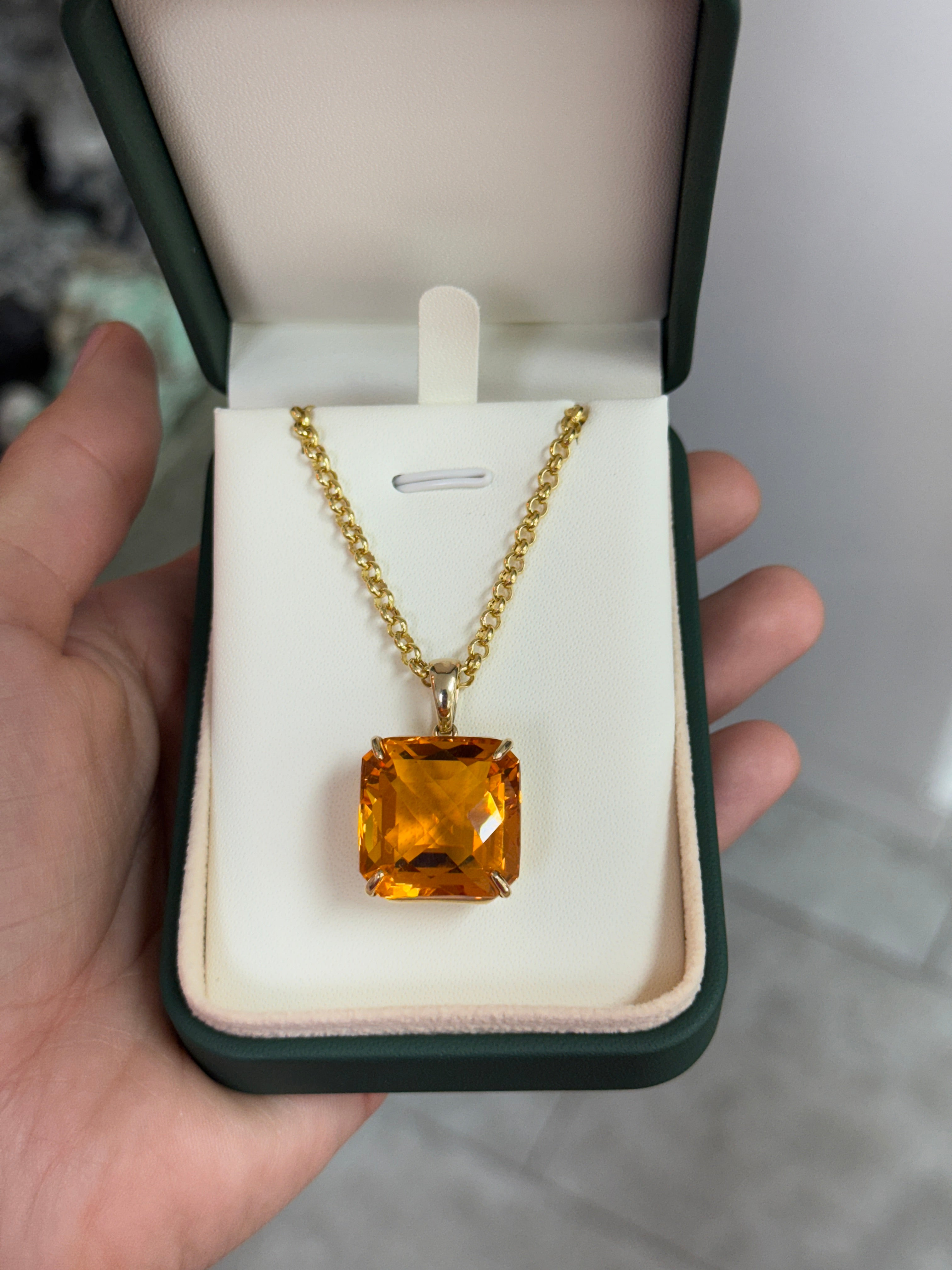 33.75 Carat Orange Citrine Checkerboard Asscher Cut Solitaire Necklace In 14K Gold