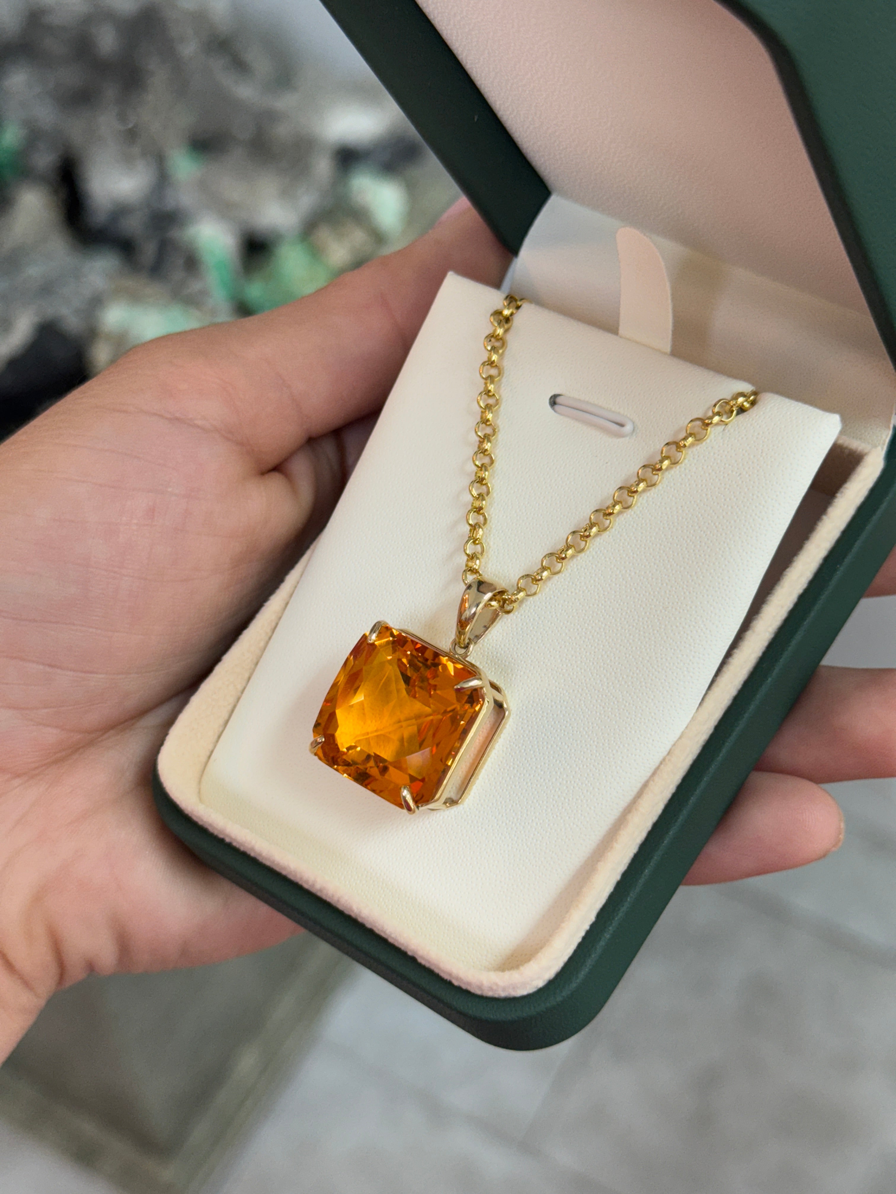 33.75 Carat Orange Citrine Checkerboard Asscher Cut Solitaire Necklace In 14K Gold