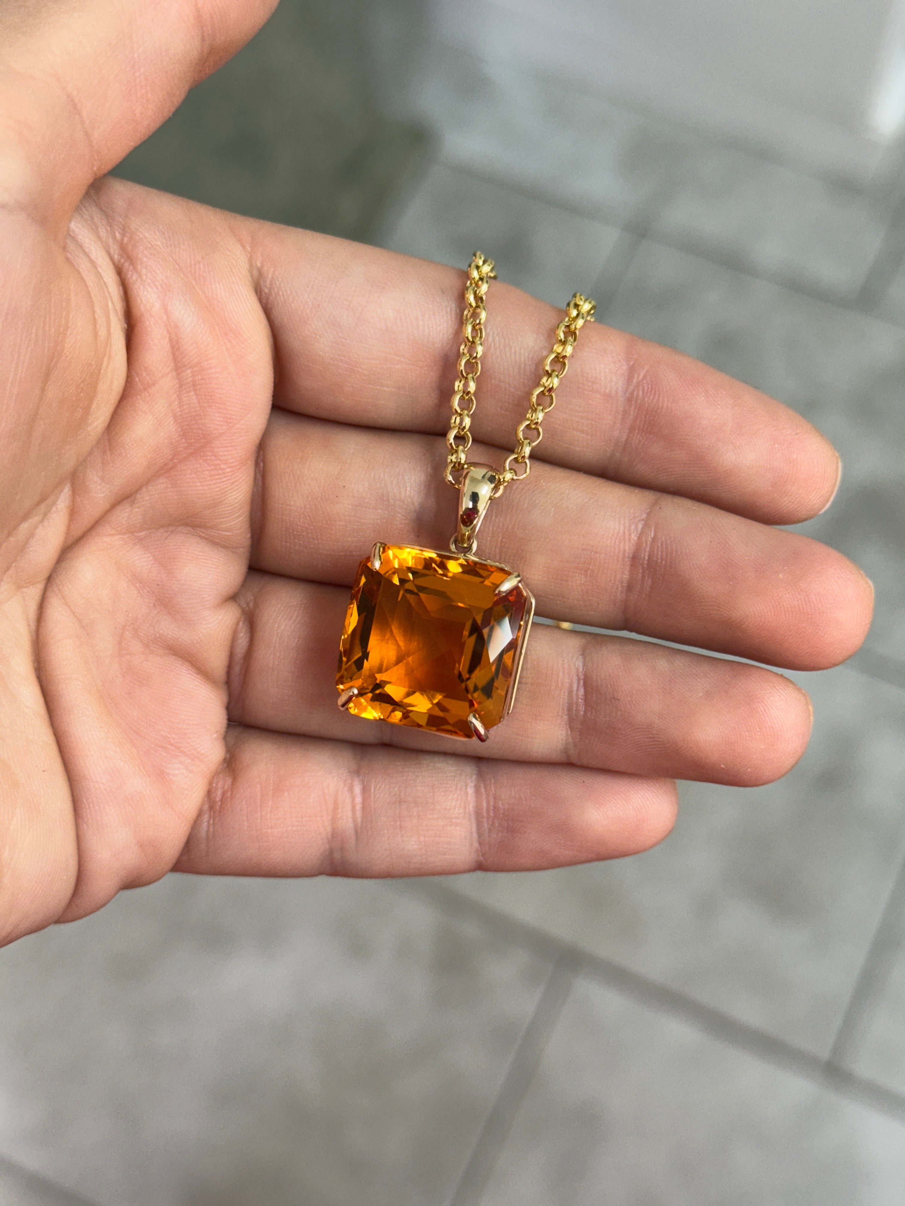 33.75 Carat Orange Citrine Checkerboard Asscher Cut Solitaire Necklace In 14K Gold