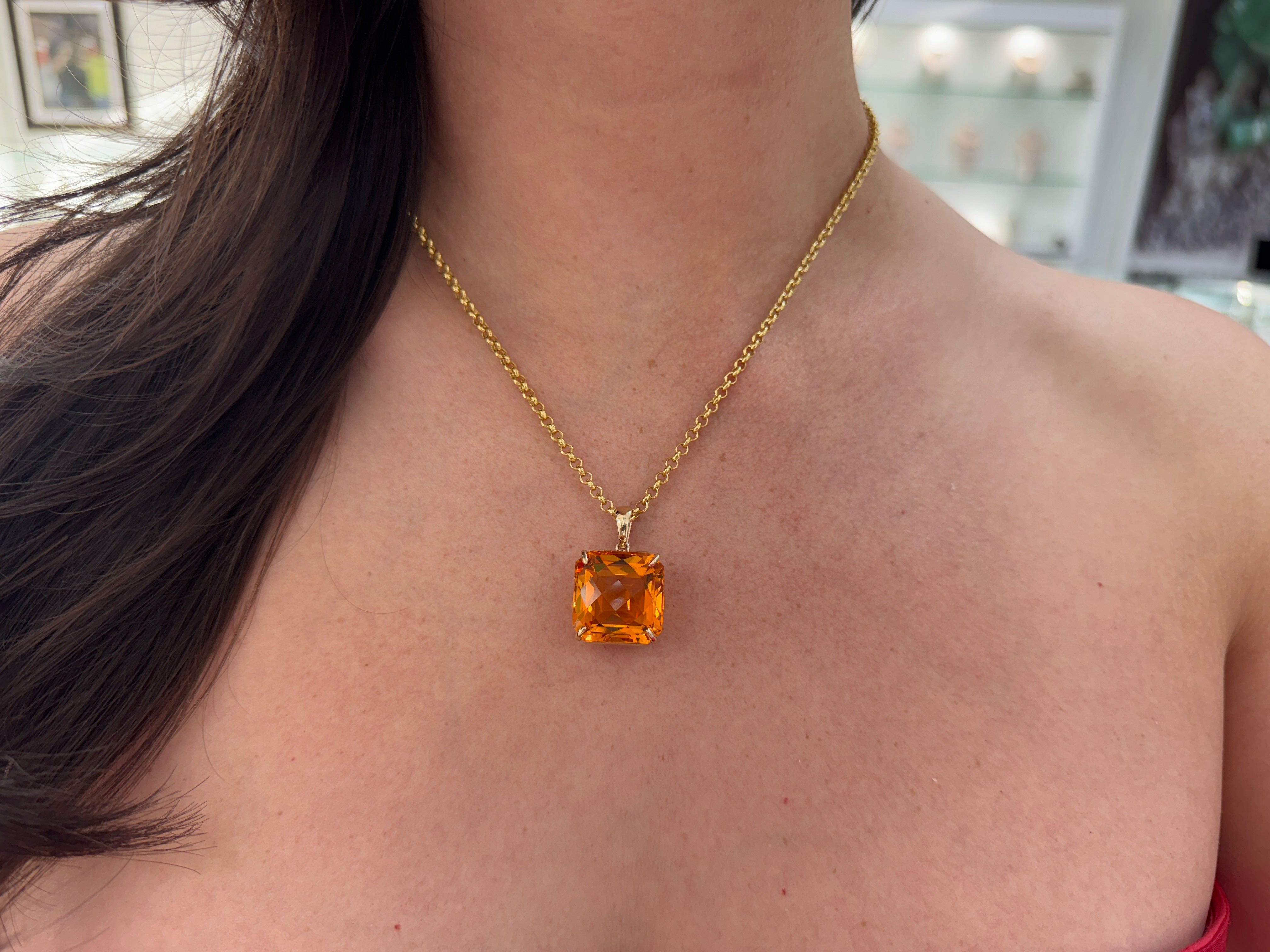 33.75 Carat Orange Citrine Checkerboard Asscher Cut Solitaire Necklace In 14K Gold