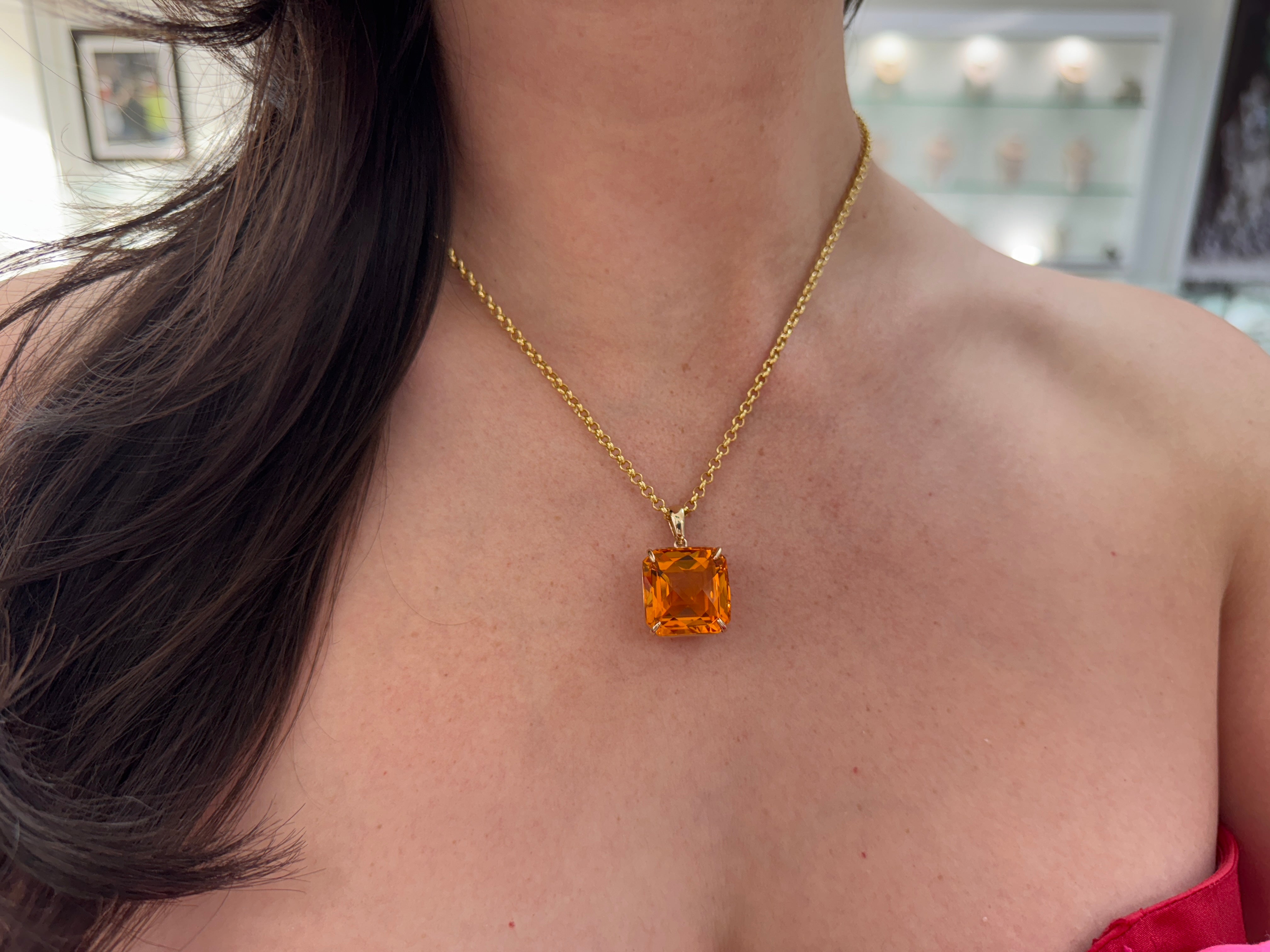 33.75 Carat Orange Citrine Checkerboard Asscher Cut Solitaire Necklace In 14K Gold