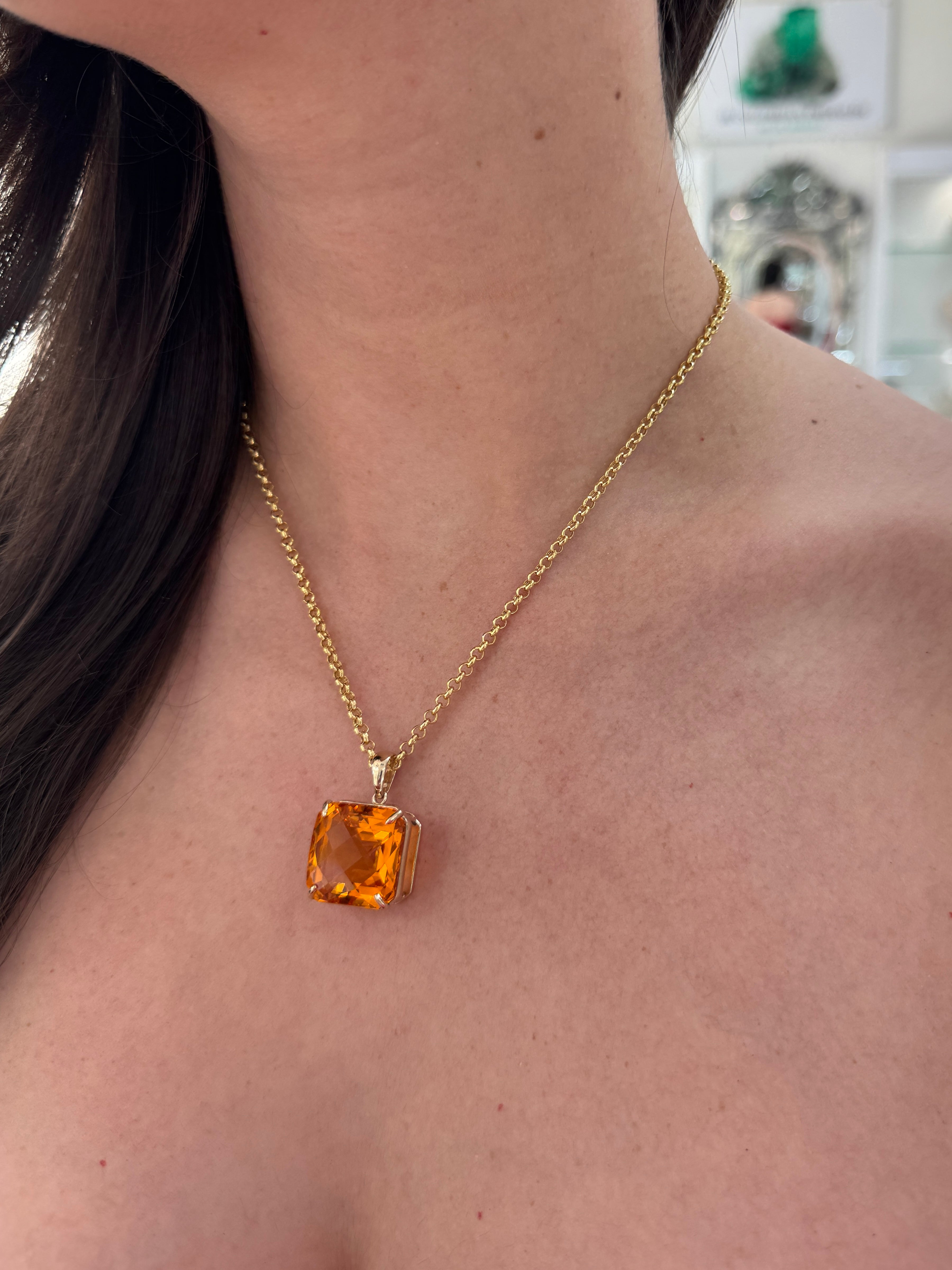 33.75 Carat Orange Citrine Checkerboard Asscher Cut Solitaire Necklace In 14K Gold