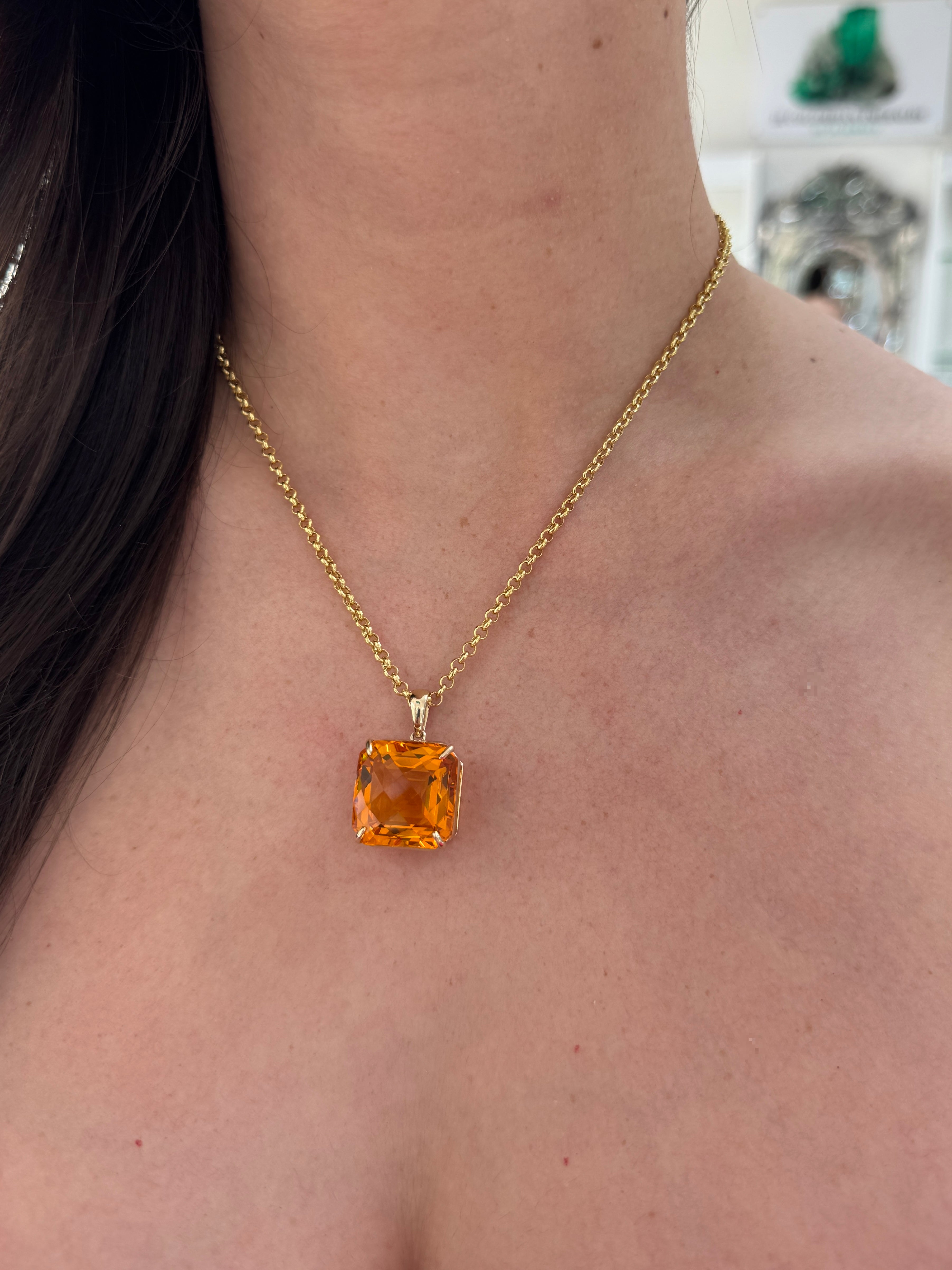 33.75 Carat Orange Citrine Checkerboard Asscher Cut Solitaire Necklace In 14K Gold