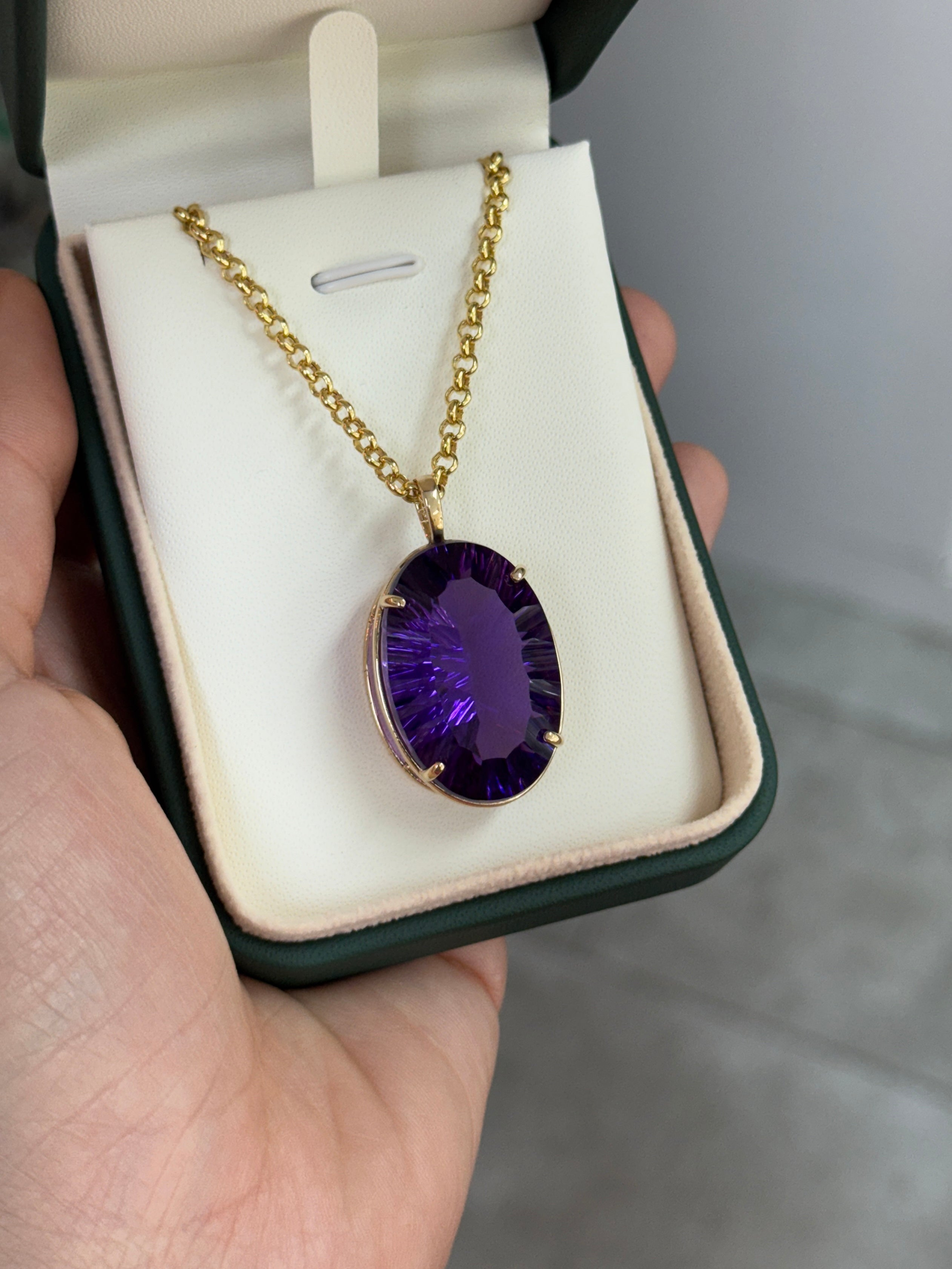 39.10 Carat Oval Crisscut Amethyst Pendant Deep Purple Statement Gemstone In Fine Gold Setting