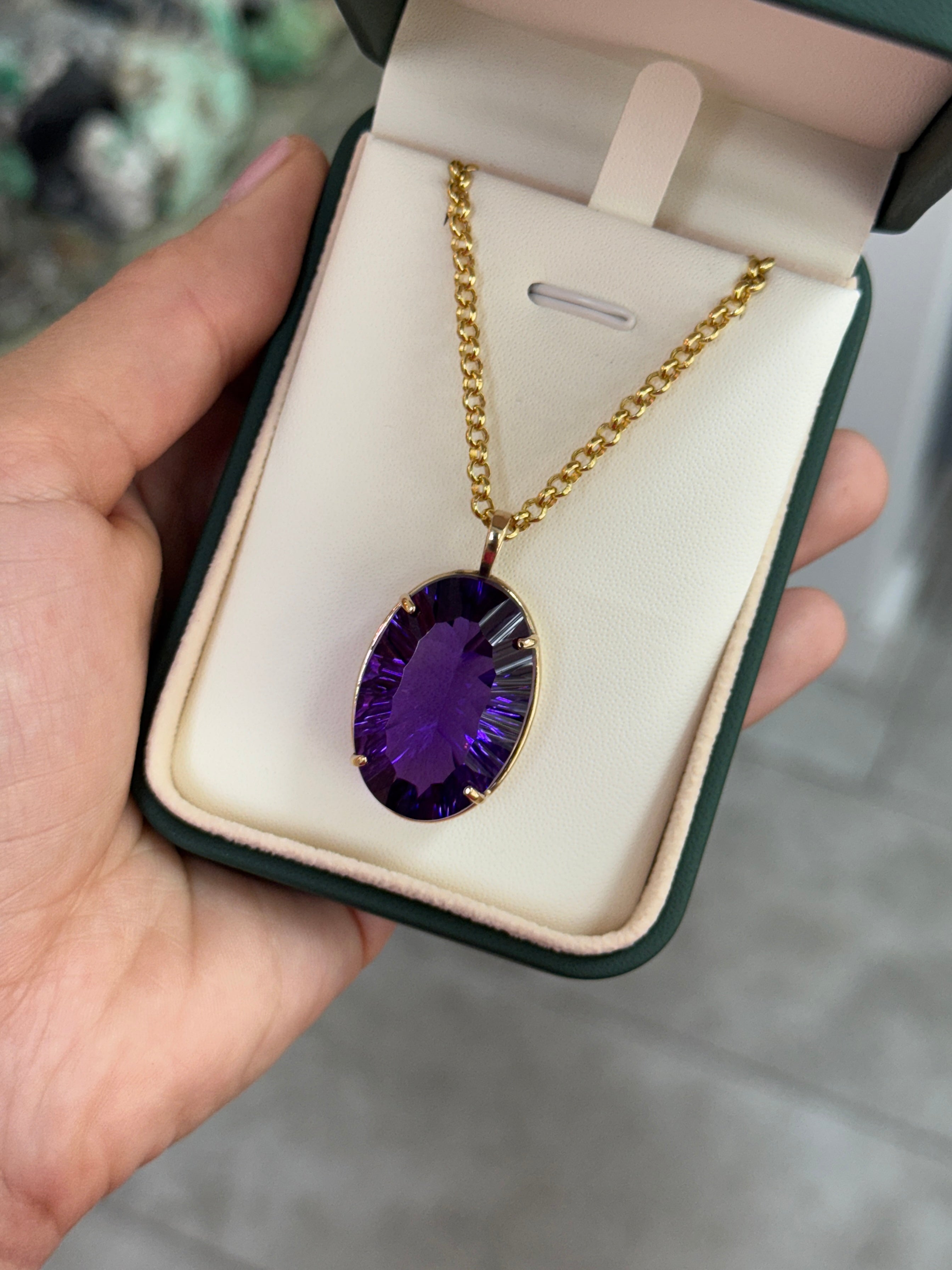 39.10 Carat Oval Crisscut Amethyst Pendant Deep Purple Statement Gemstone In Fine Gold Setting