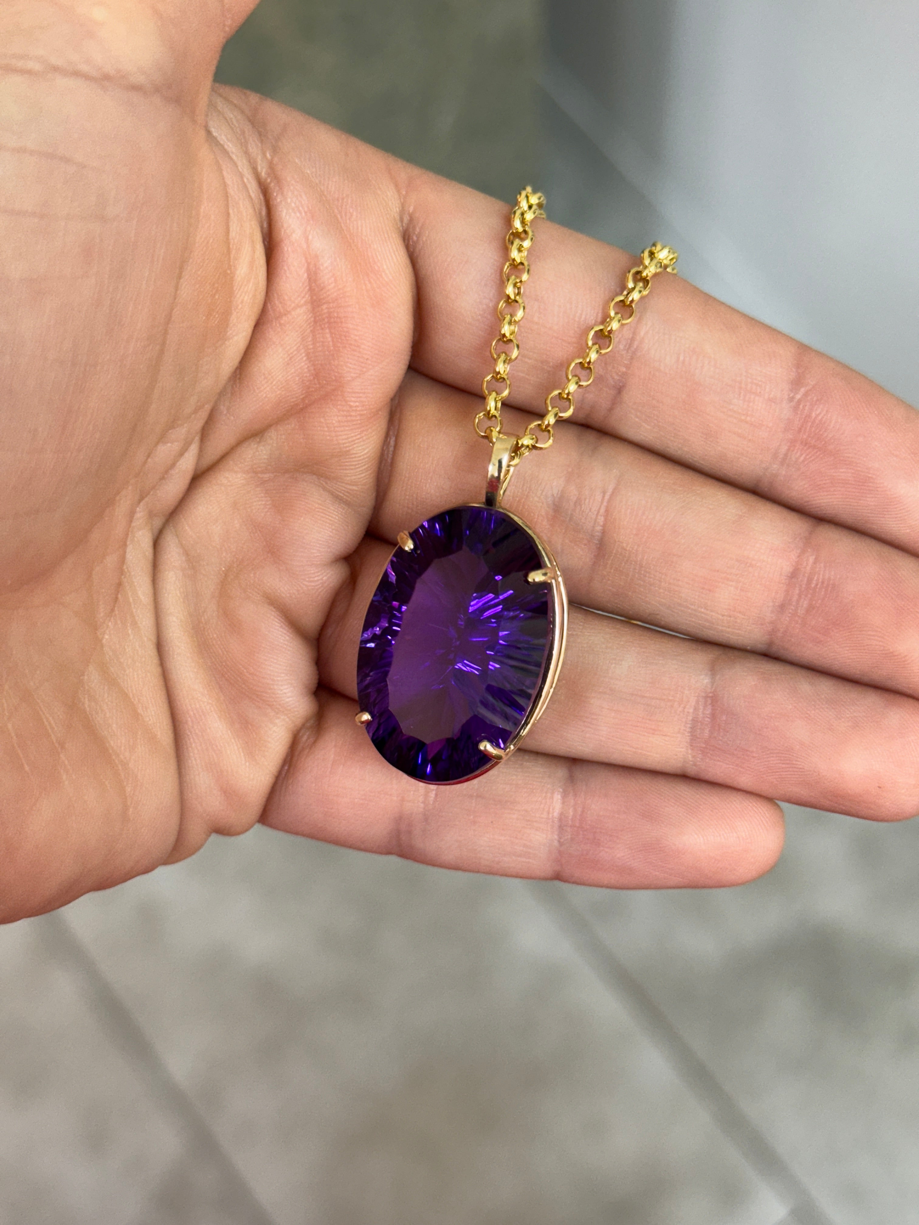 39.10 Carat Oval Crisscut Amethyst Pendant Deep Purple Statement Gemstone In Fine Gold Setting