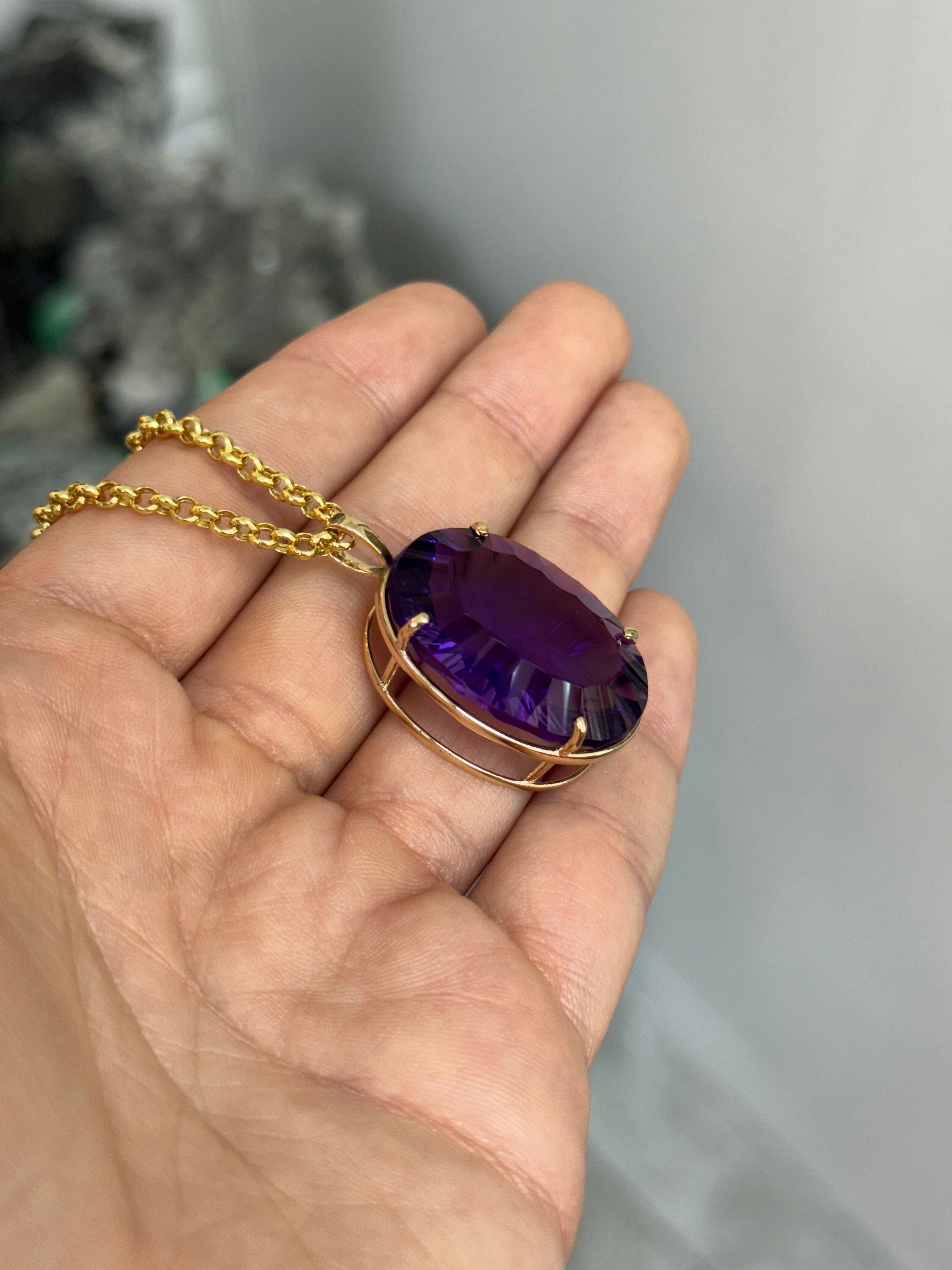 39.10 Carat Oval Crisscut Amethyst Pendant Deep Purple Statement Gemstone In Fine Gold Setting