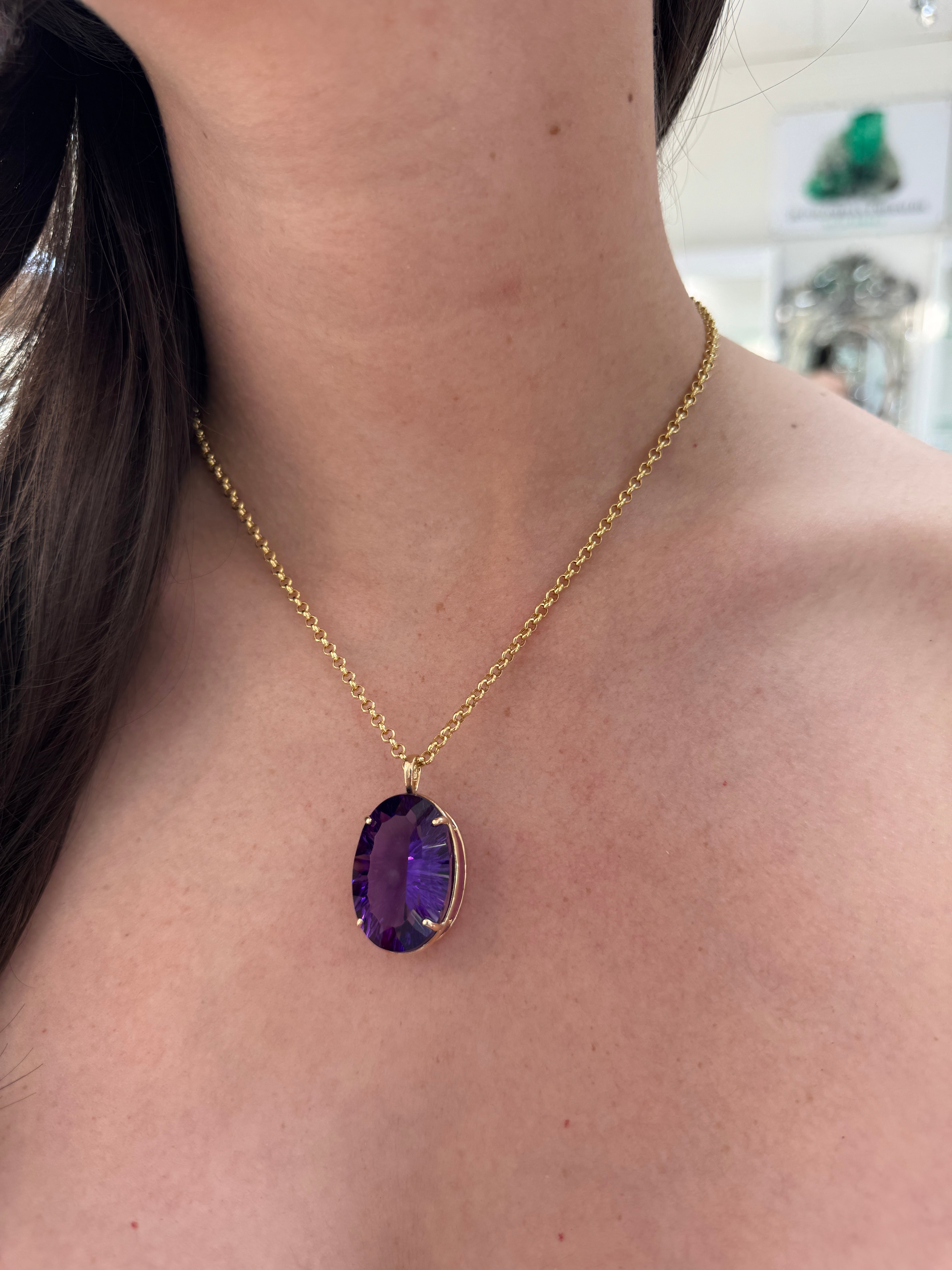 39.10 Carat Oval Crisscut Amethyst Pendant Deep Purple Statement Gemstone In Fine Gold Setting
