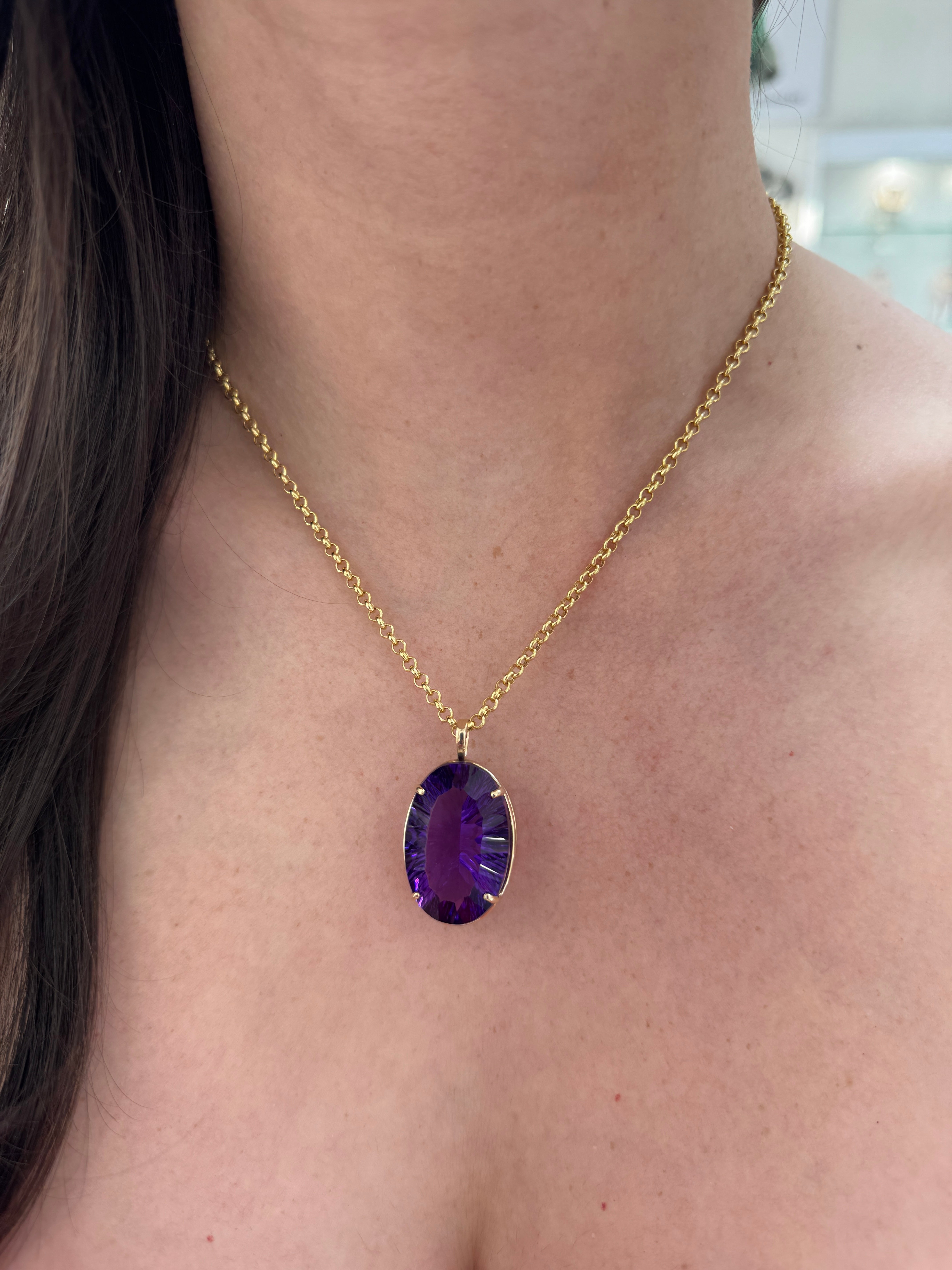 39.10 Carat Oval Crisscut Amethyst Pendant Deep Purple Statement Gemstone In Fine Gold Setting