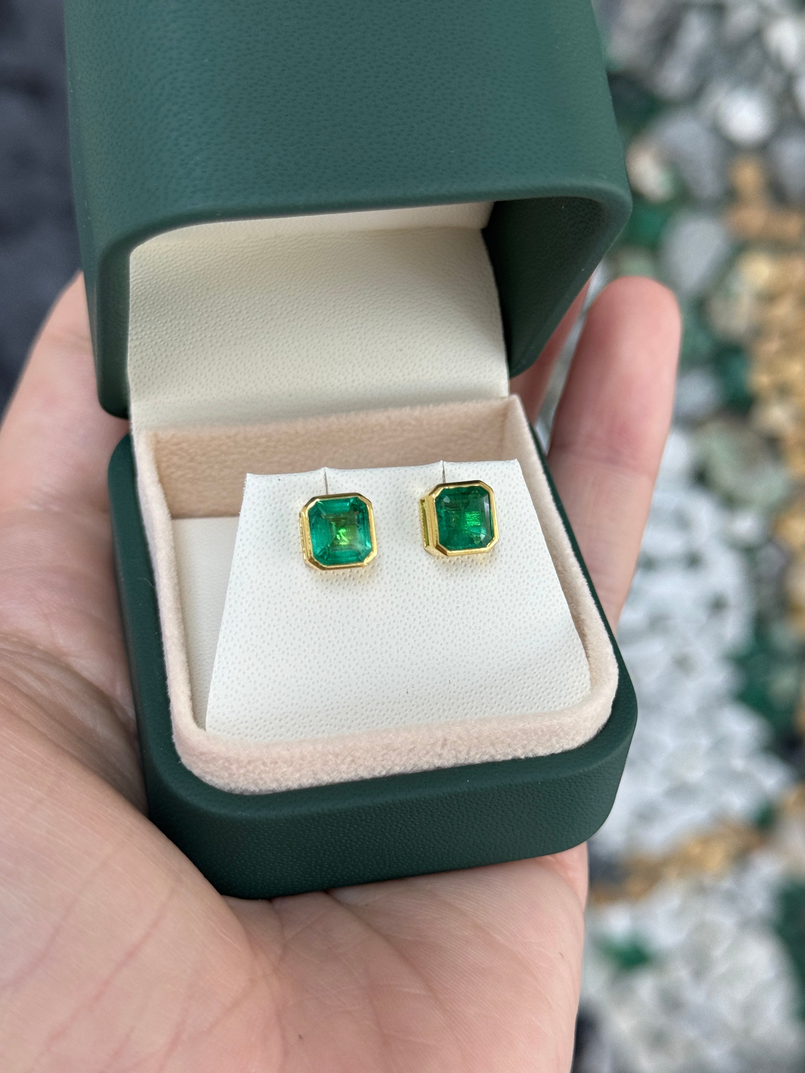2.23tcw Classic Bezel Set Asscher Emerald Earrings 18K