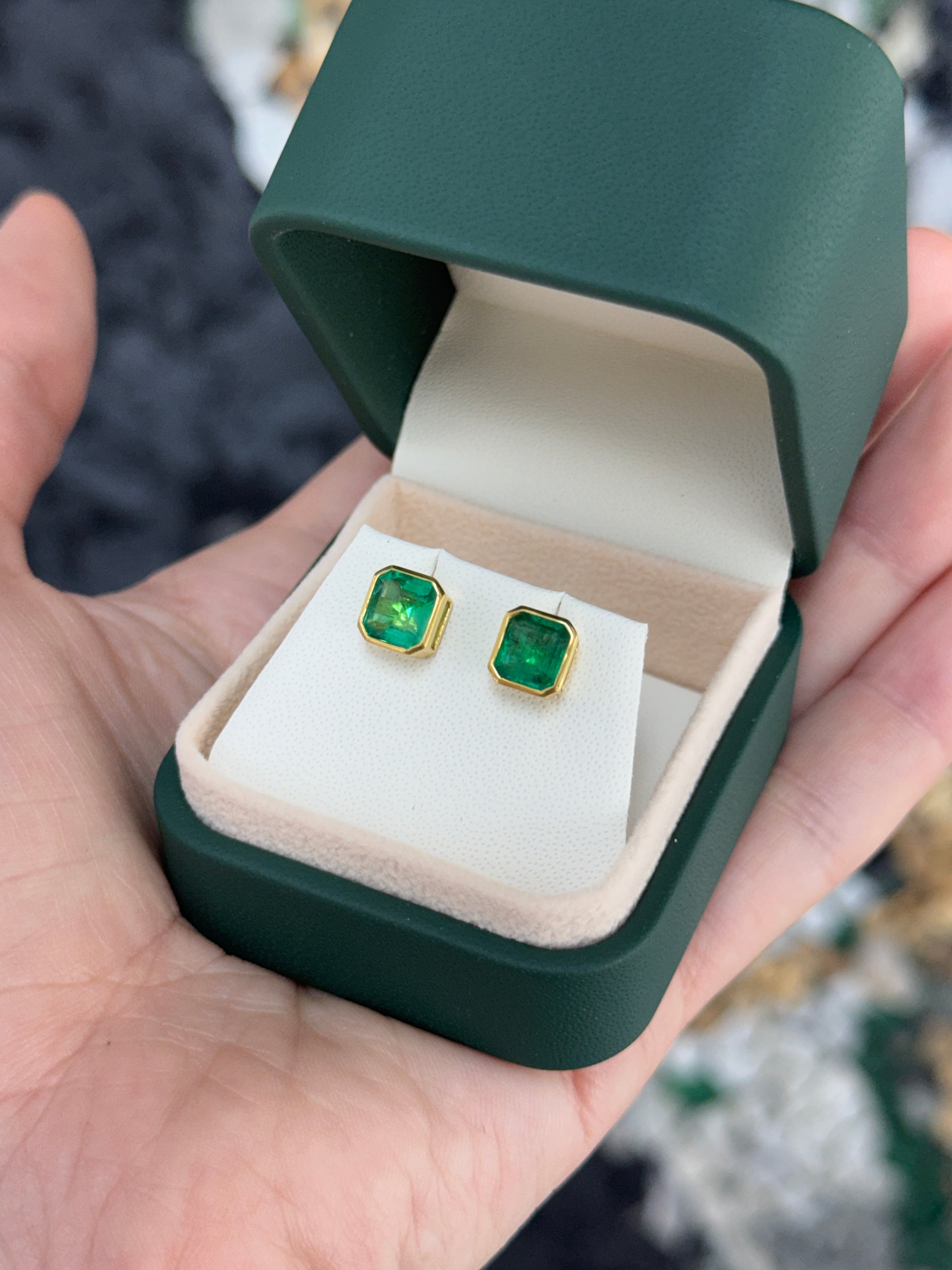 2.23tcw Classic Bezel Set Asscher Emerald Earrings 18K