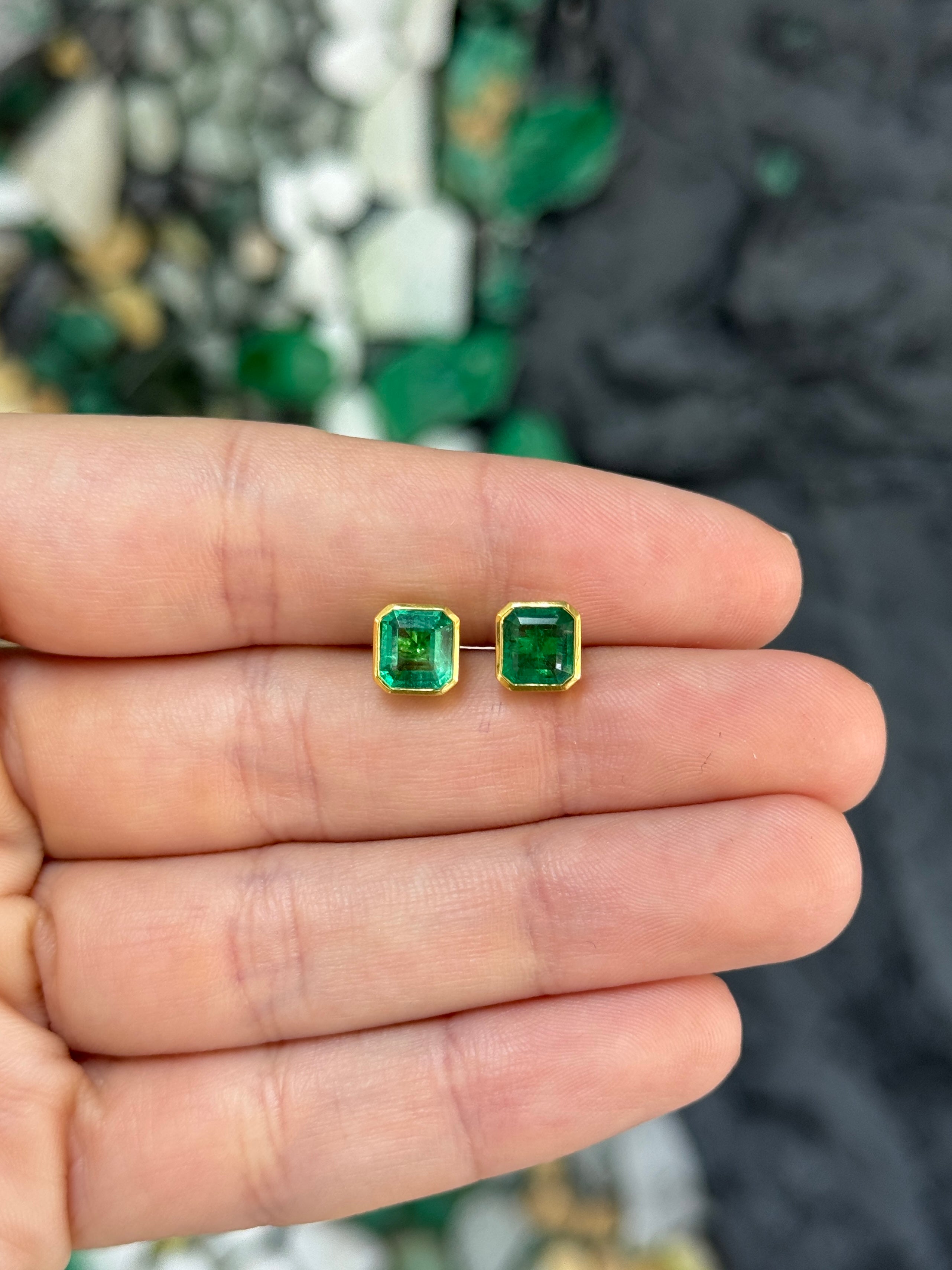 2.23tcw Classic Bezel Set Asscher Emerald Earrings 18K