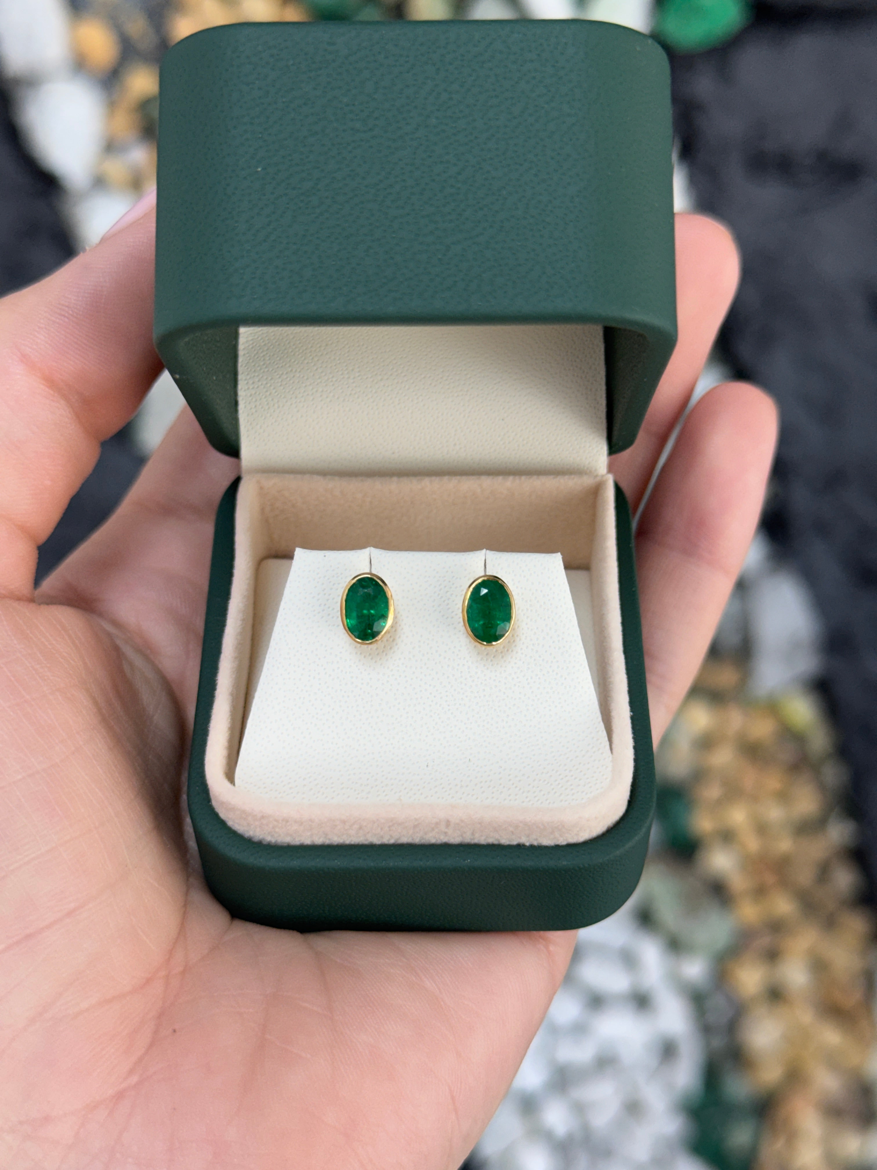1.45tcw Vivid Green Oval Bezel Set Emerald Studs 18K