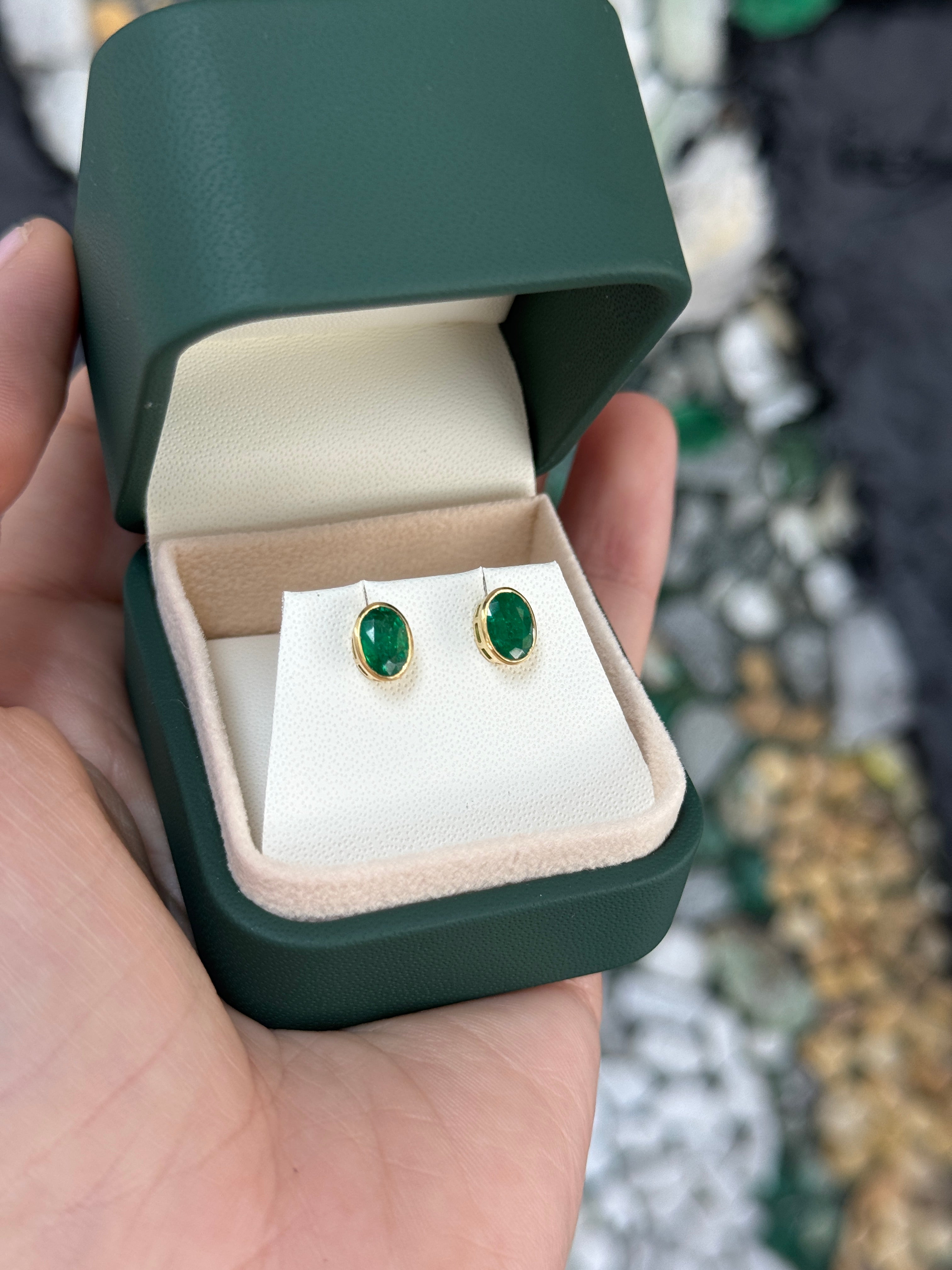 1.45tcw Vivid Green Oval Bezel Set Emerald Studs 18K