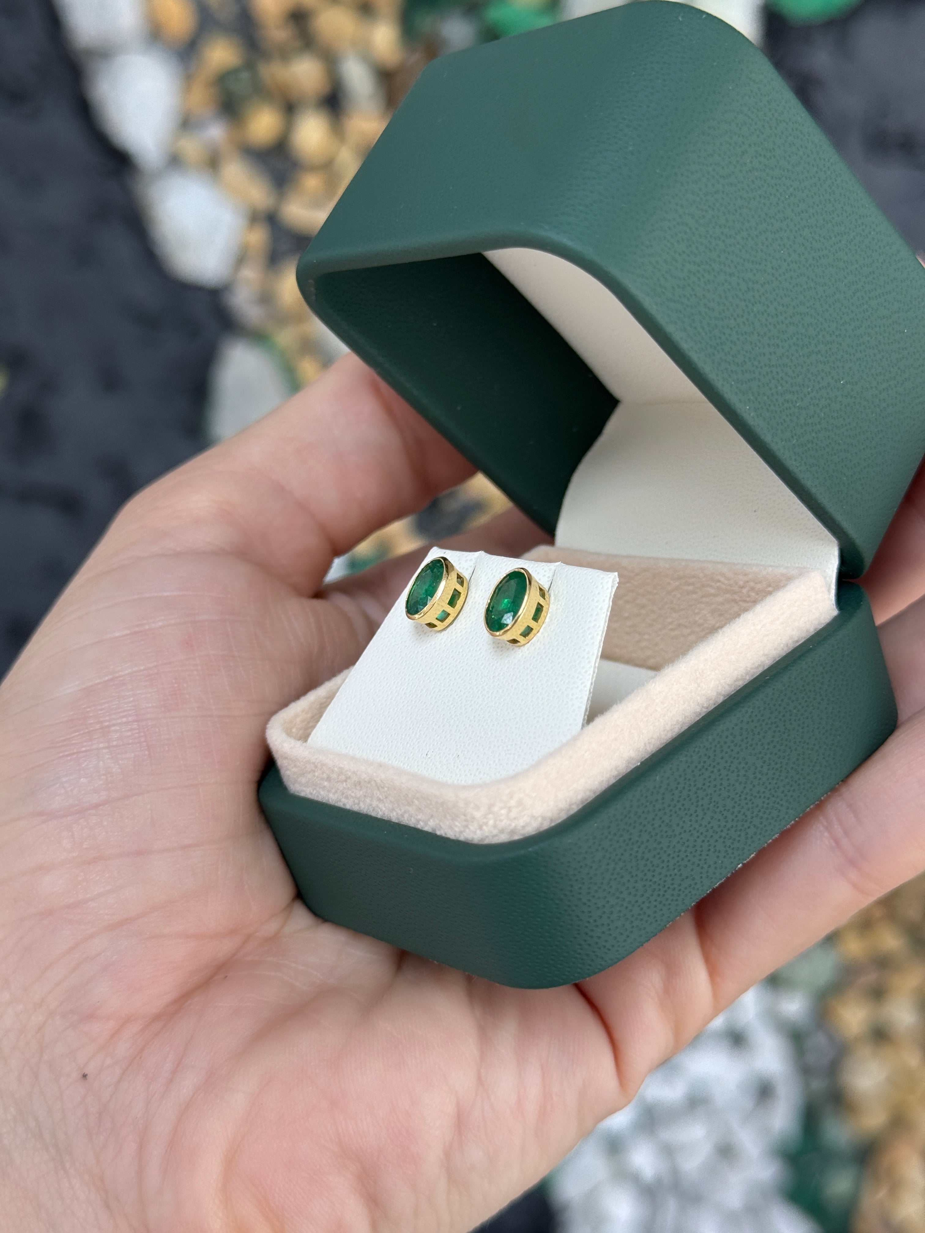 1.45tcw Vivid Green Oval Bezel Set Emerald Studs 18K