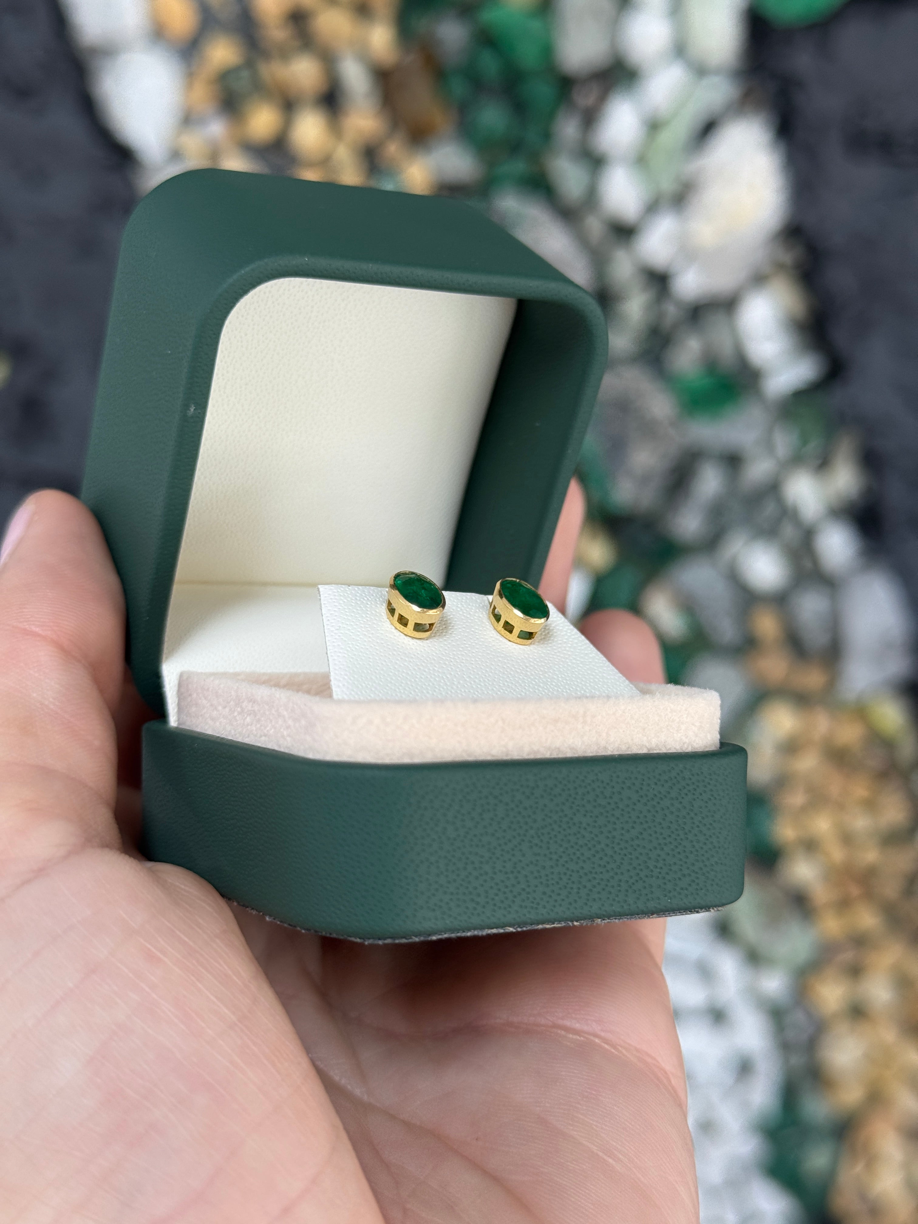 1.45tcw Vivid Green Oval Bezel Set Emerald Studs 18K